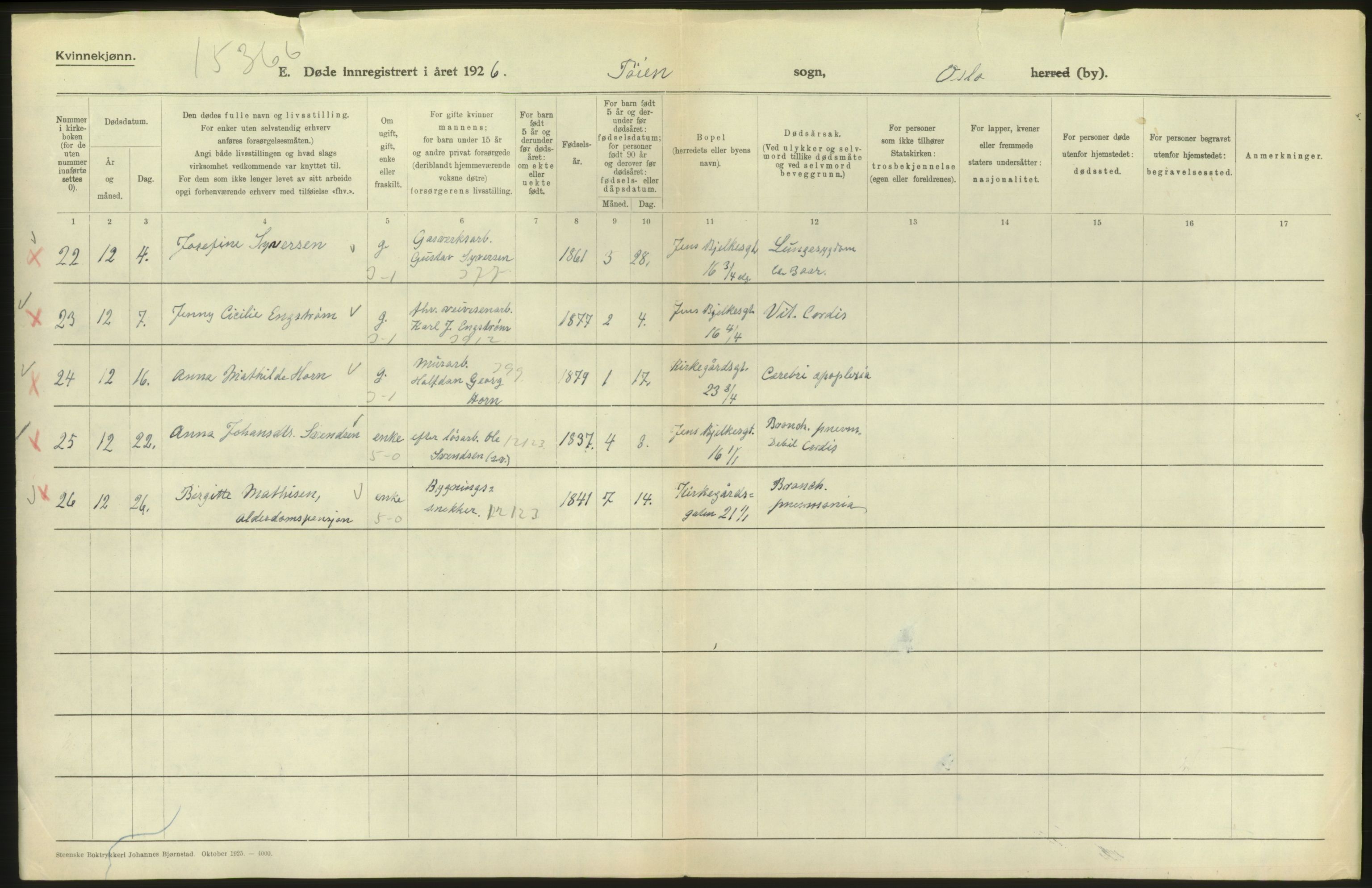 Statistisk sentralbyrå, Sosiodemografiske emner, Befolkning, RA/S-2228/D/Df/Dfc/Dfcf/L0010: Oslo: Døde kvinner, dødfødte, 1926, p. 486