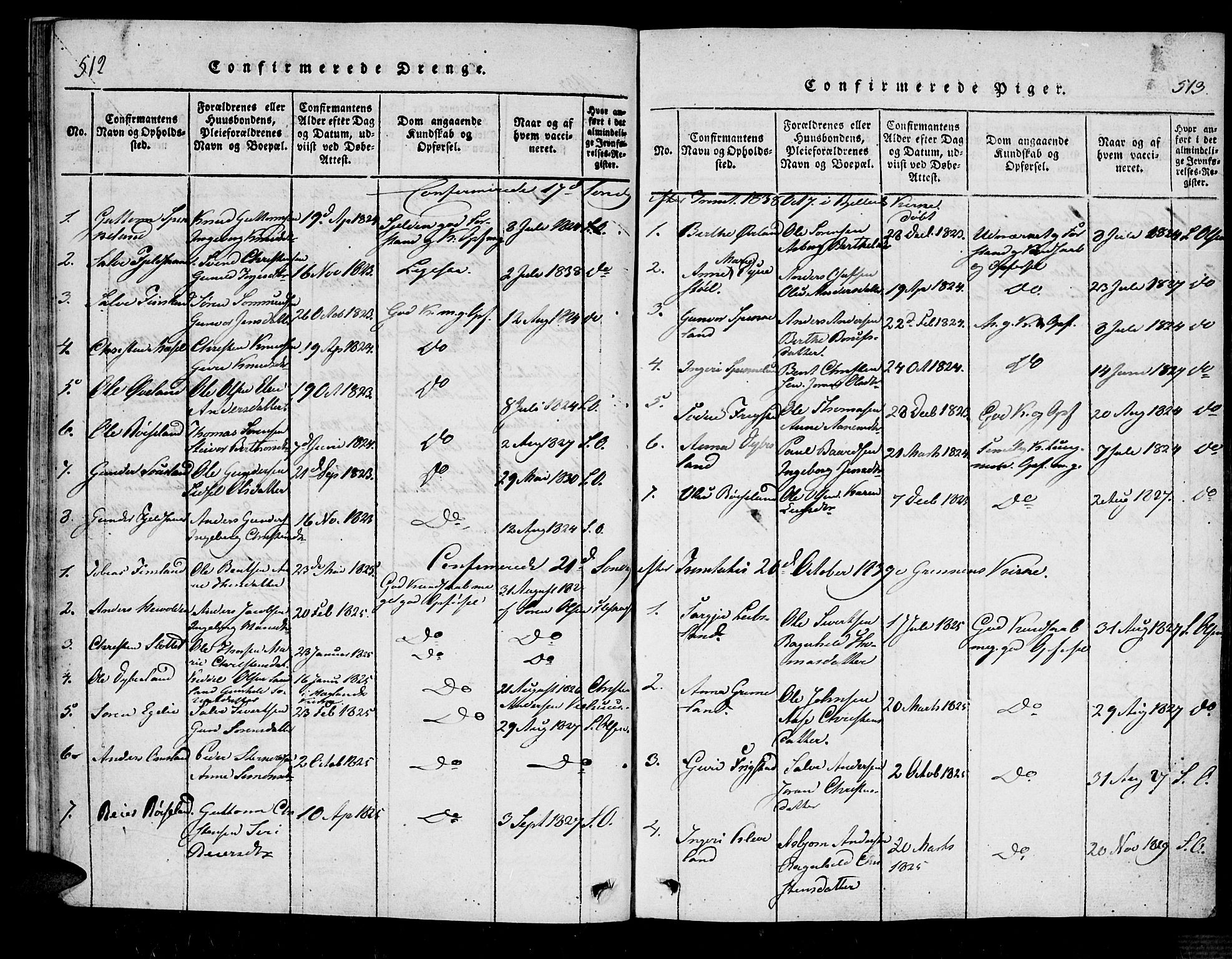 Bjelland sokneprestkontor, SAK/1111-0005/F/Fa/Fab/L0002: Parish register (official) no. A 2, 1816-1869, p. 512-513
