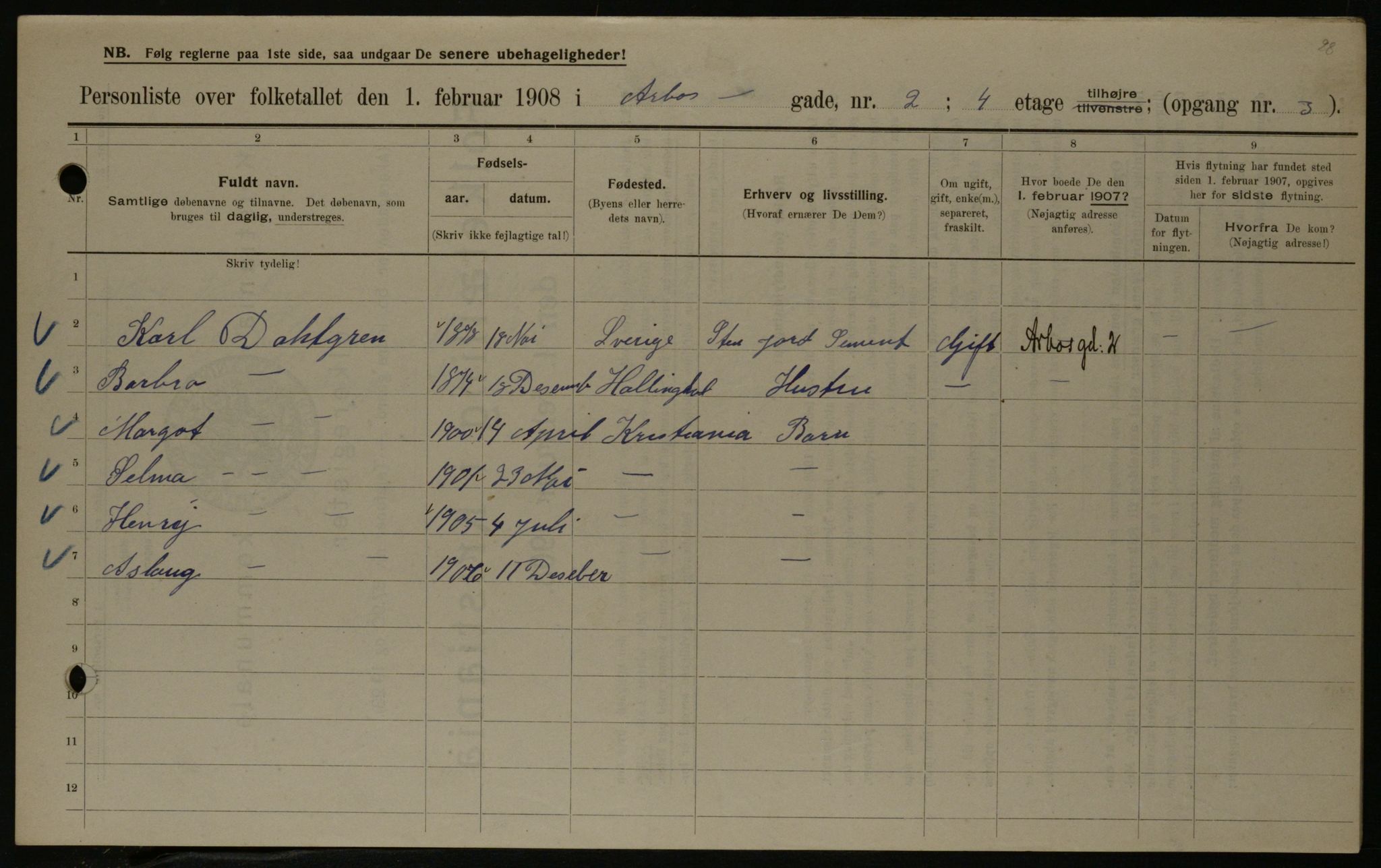 OBA, Municipal Census 1908 for Kristiania, 1908, p. 2007