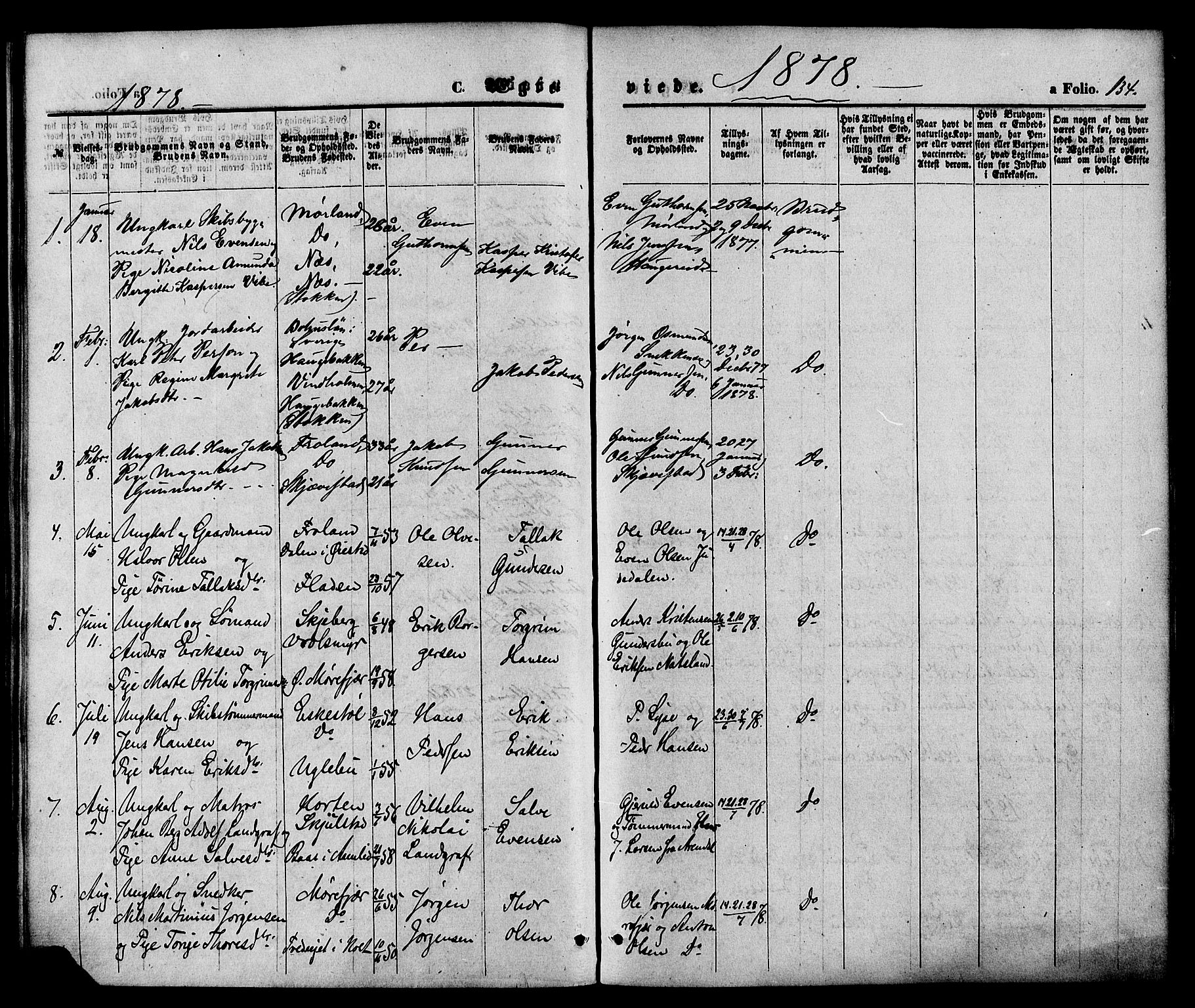 Austre Moland sokneprestkontor, SAK/1111-0001/F/Fa/Faa/L0009: Parish register (official) no. A 9, 1869-1879, p. 134