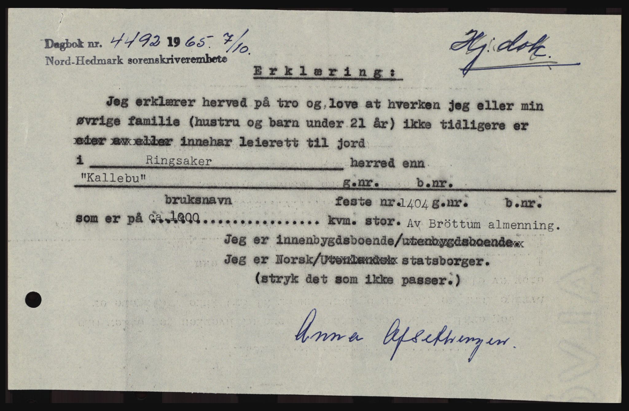 Nord-Hedmark sorenskriveri, SAH/TING-012/H/Hc/L0022: Mortgage book no. 22, 1965-1965, Diary no: : 4492/1965