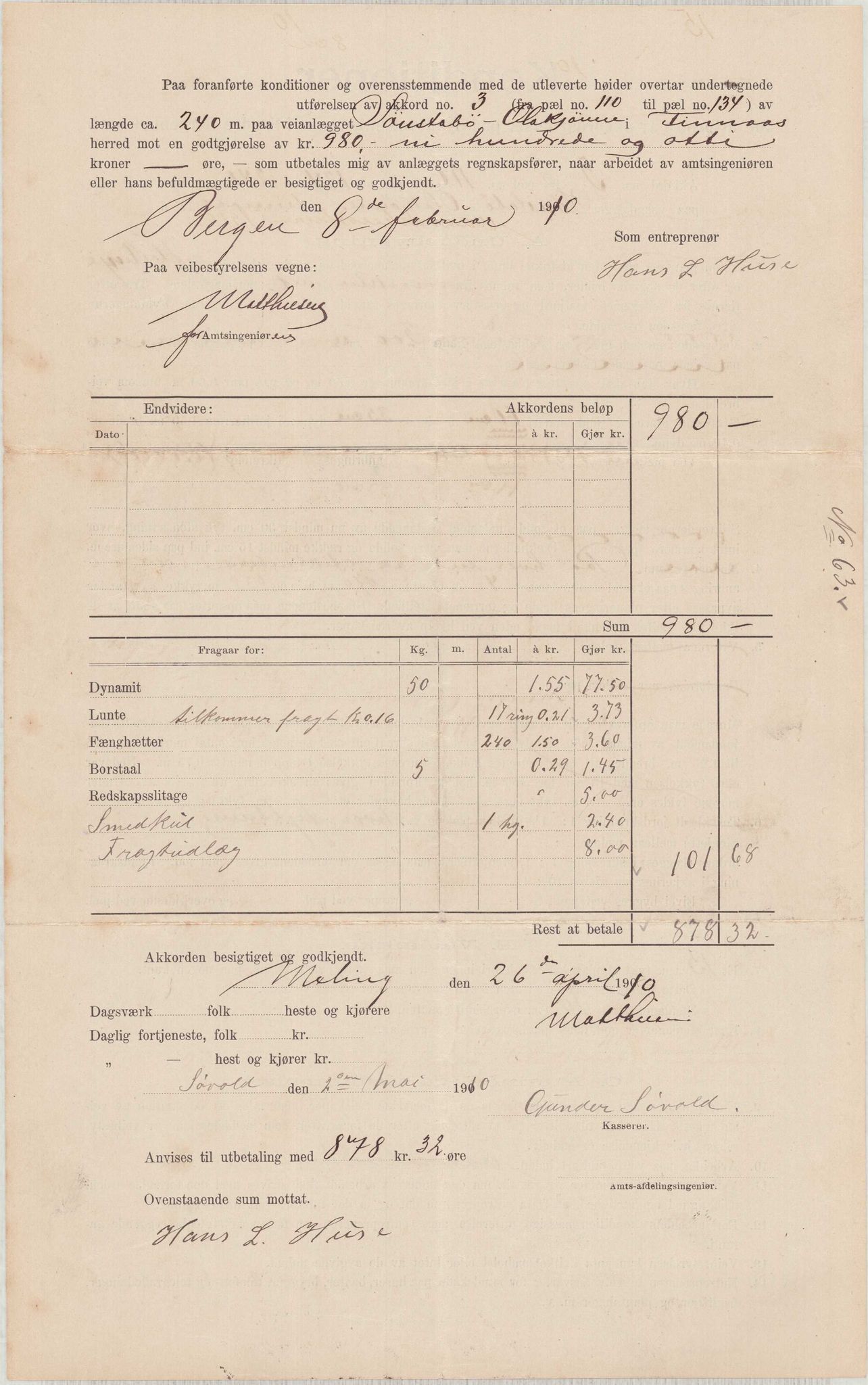 Finnaas kommune. Formannskapet, IKAH/1218a-021/E/Ea/L0001/0006: Rekneskap for veganlegg / Rekneskap for veganlegget Sønstabø - Olakjødn, 1909-1914, p. 8