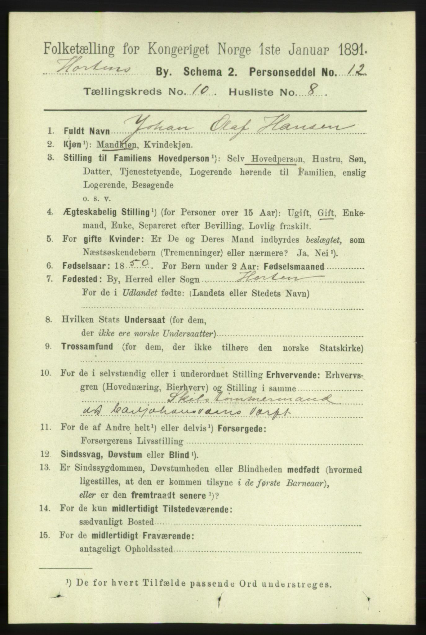 RA, 1891 census for 0703 Horten, 1891, p. 6222