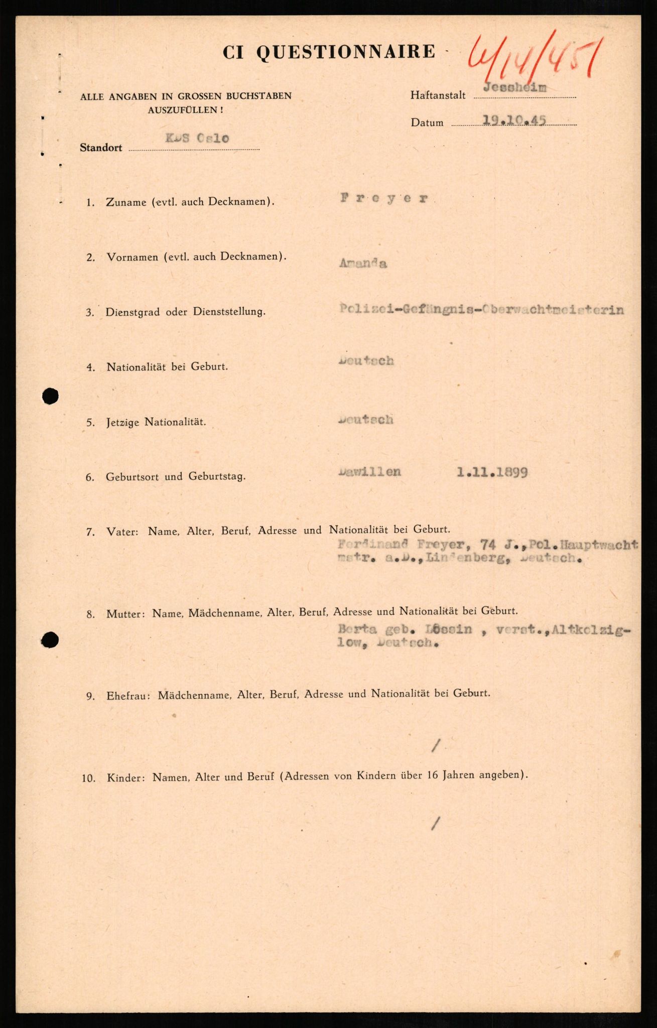 Forsvaret, Forsvarets overkommando II, AV/RA-RAFA-3915/D/Db/L0008: CI Questionaires. Tyske okkupasjonsstyrker i Norge. Tyskere., 1945-1946, p. 324