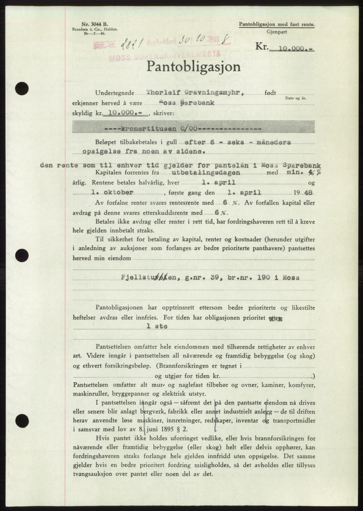 Moss sorenskriveri, AV/SAO-A-10168: Mortgage book no. B20, 1948-1948, Diary no: : 2821/1948