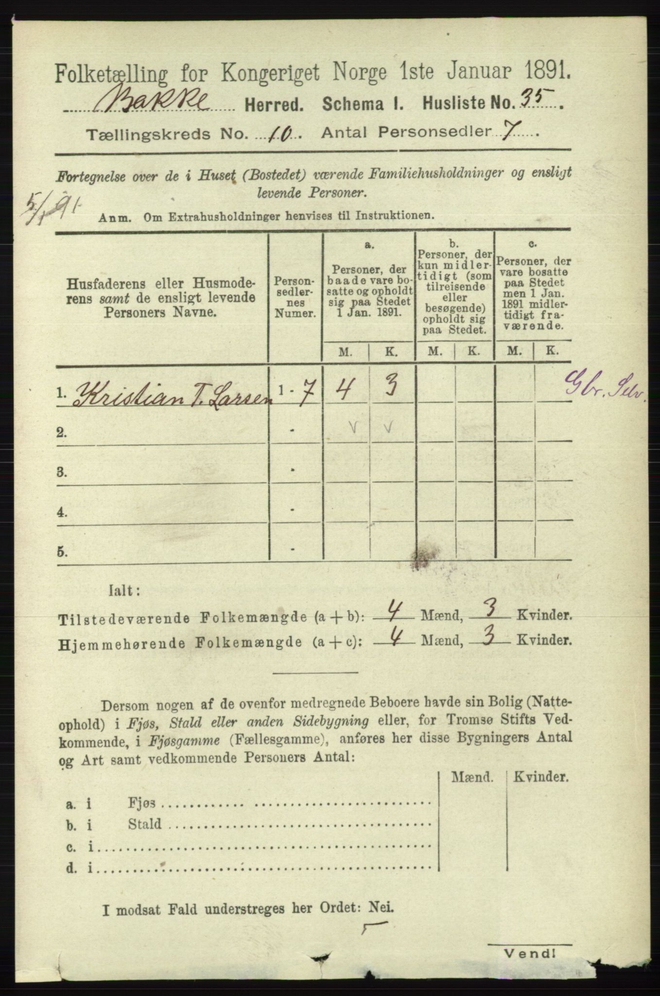 RA, 1891 census for 1045 Bakke, 1891, p. 1999