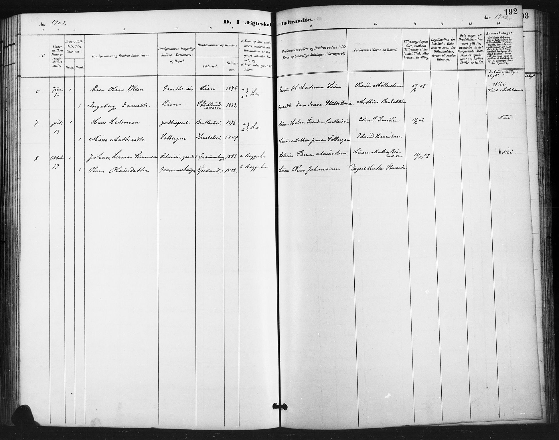 Vestre Gausdal prestekontor, SAH/PREST-094/H/Ha/Hab/L0003: Parish register (copy) no. 3, 1896-1925, p. 192