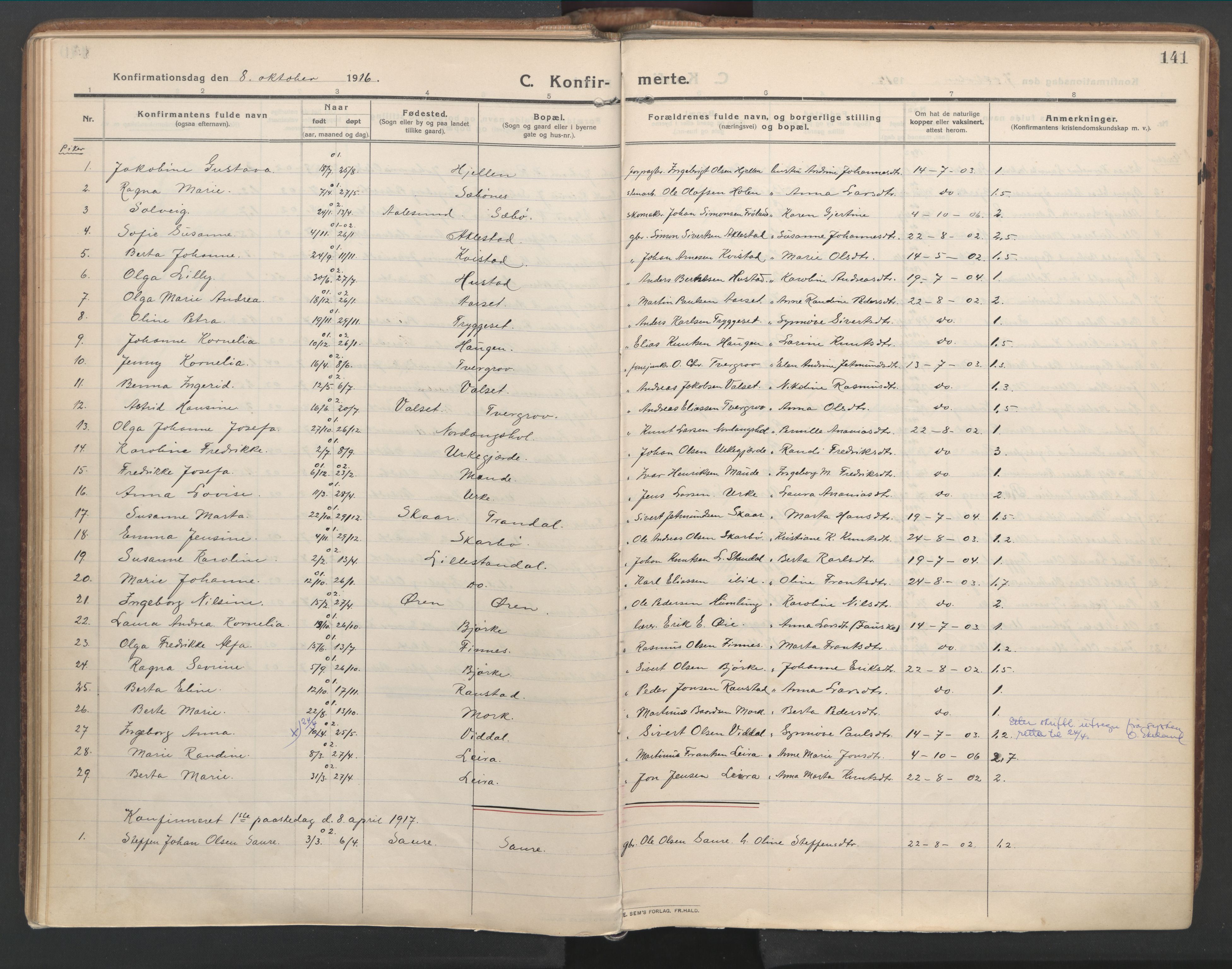 Ministerialprotokoller, klokkerbøker og fødselsregistre - Møre og Romsdal, SAT/A-1454/515/L0212: Parish register (official) no. 515A08, 1911-1935, p. 141