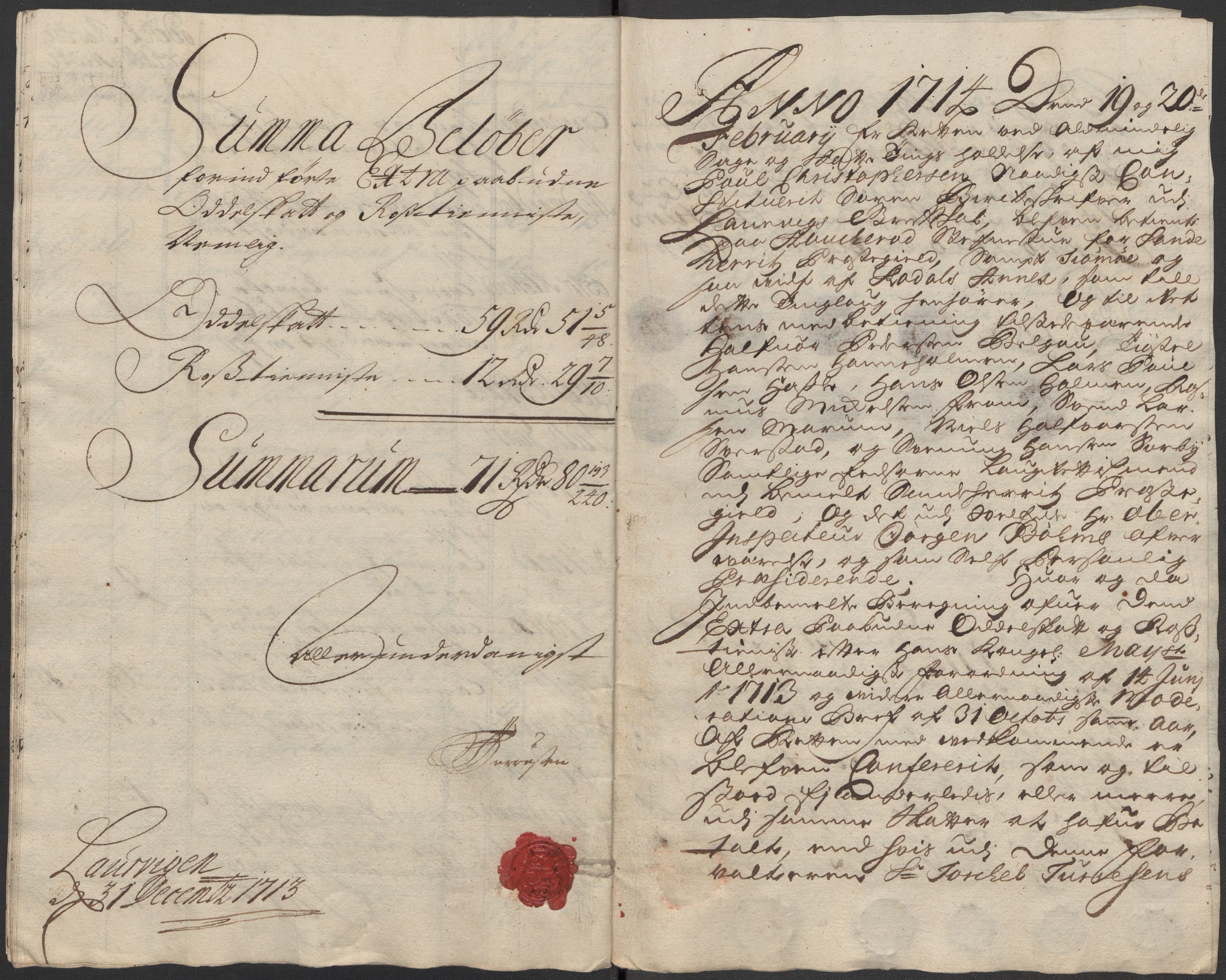 Rentekammeret inntil 1814, Reviderte regnskaper, Fogderegnskap, AV/RA-EA-4092/R33/L1985: Fogderegnskap Larvik grevskap, 1713, p. 263