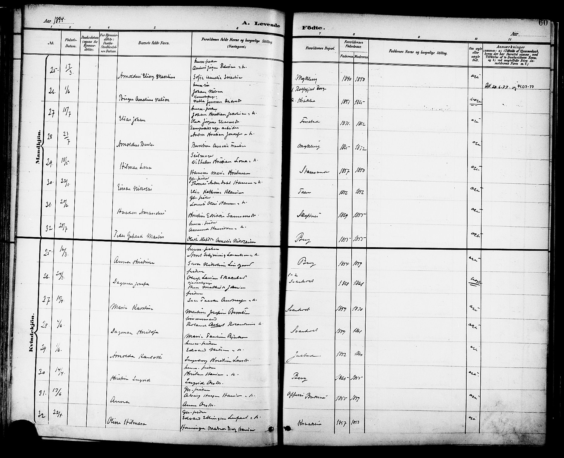 Ministerialprotokoller, klokkerbøker og fødselsregistre - Nordland, AV/SAT-A-1459/882/L1179: Parish register (official) no. 882A01, 1886-1898, p. 60