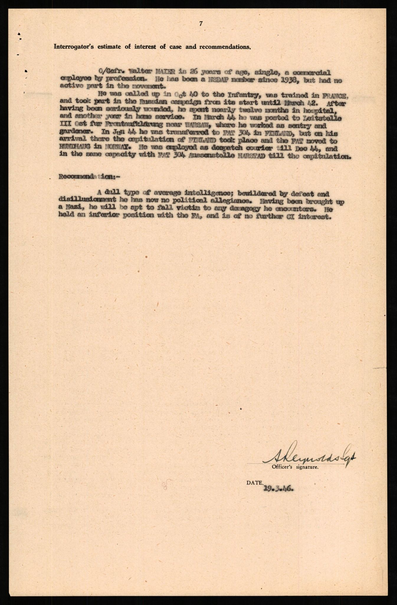 Forsvaret, Forsvarets overkommando II, AV/RA-RAFA-3915/D/Db/L0021: CI Questionaires. Tyske okkupasjonsstyrker i Norge. Tyskere., 1945-1946, p. 85