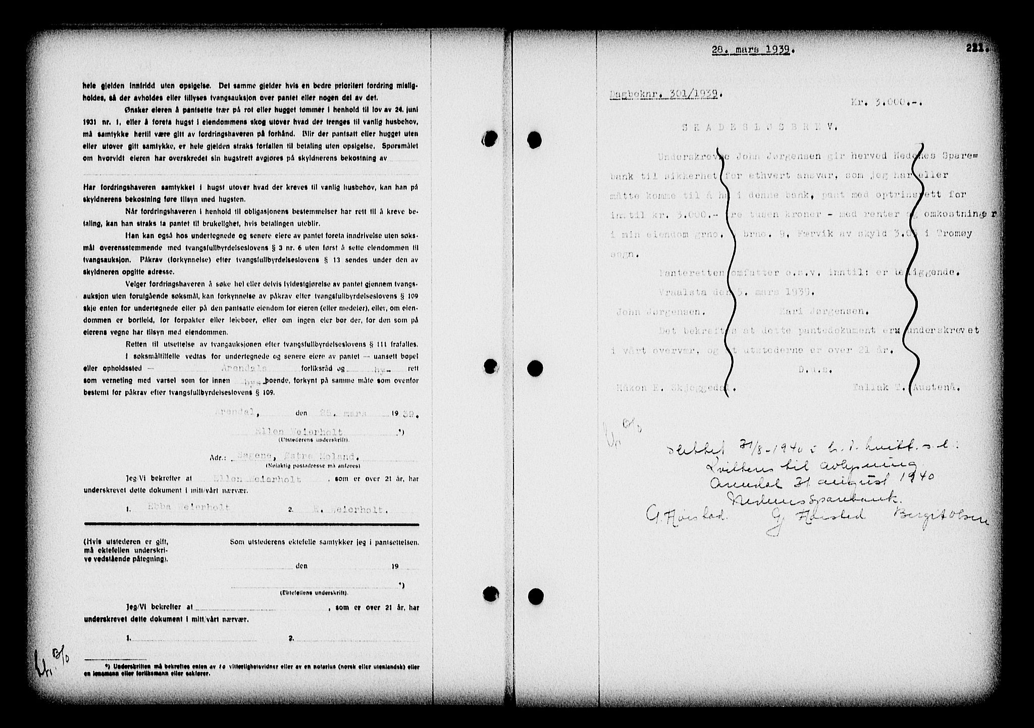 Nedenes sorenskriveri, SAK/1221-0006/G/Gb/Gba/L0046: Mortgage book no. 42, 1938-1939, Diary no: : 301/1939