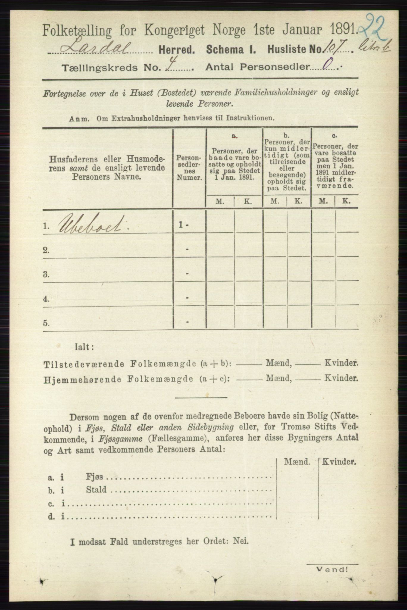 RA, 1891 census for 0728 Lardal, 1891, p. 1957