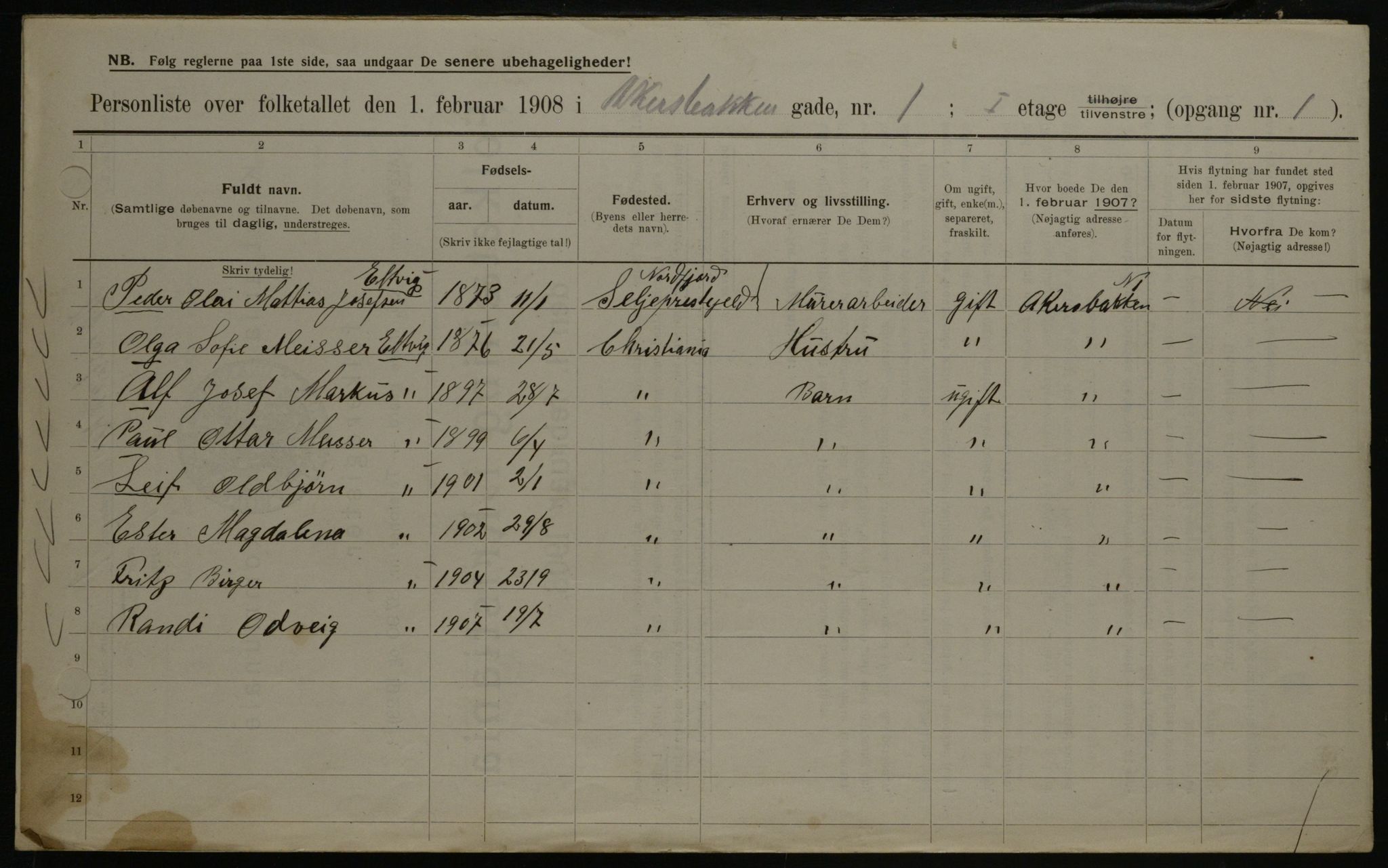 OBA, Municipal Census 1908 for Kristiania, 1908, p. 27