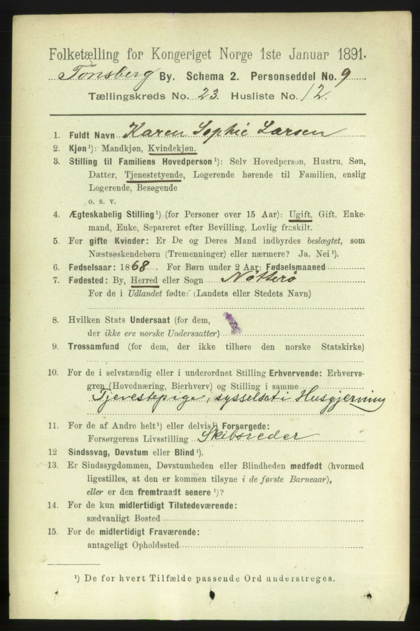 RA, 1891 census for 0705 Tønsberg, 1891, p. 6274