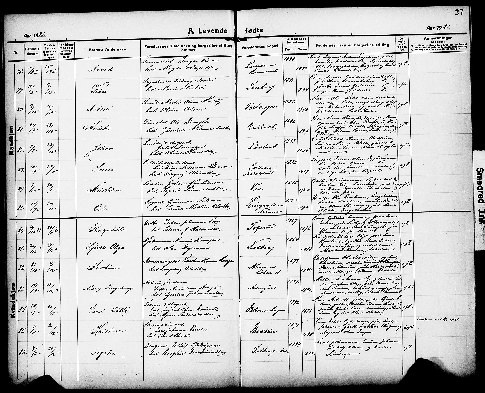 Løten prestekontor, AV/SAH-PREST-022/L/La/L0008: Parish register (copy) no. 8, 1920-1929, p. 27