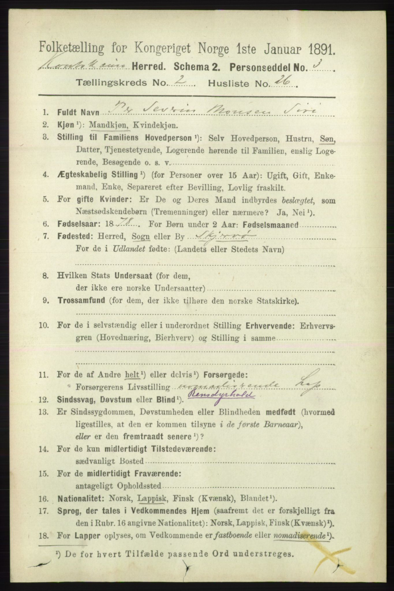 RA, 1891 census for 2011 Kautokeino, 1891, p. 454