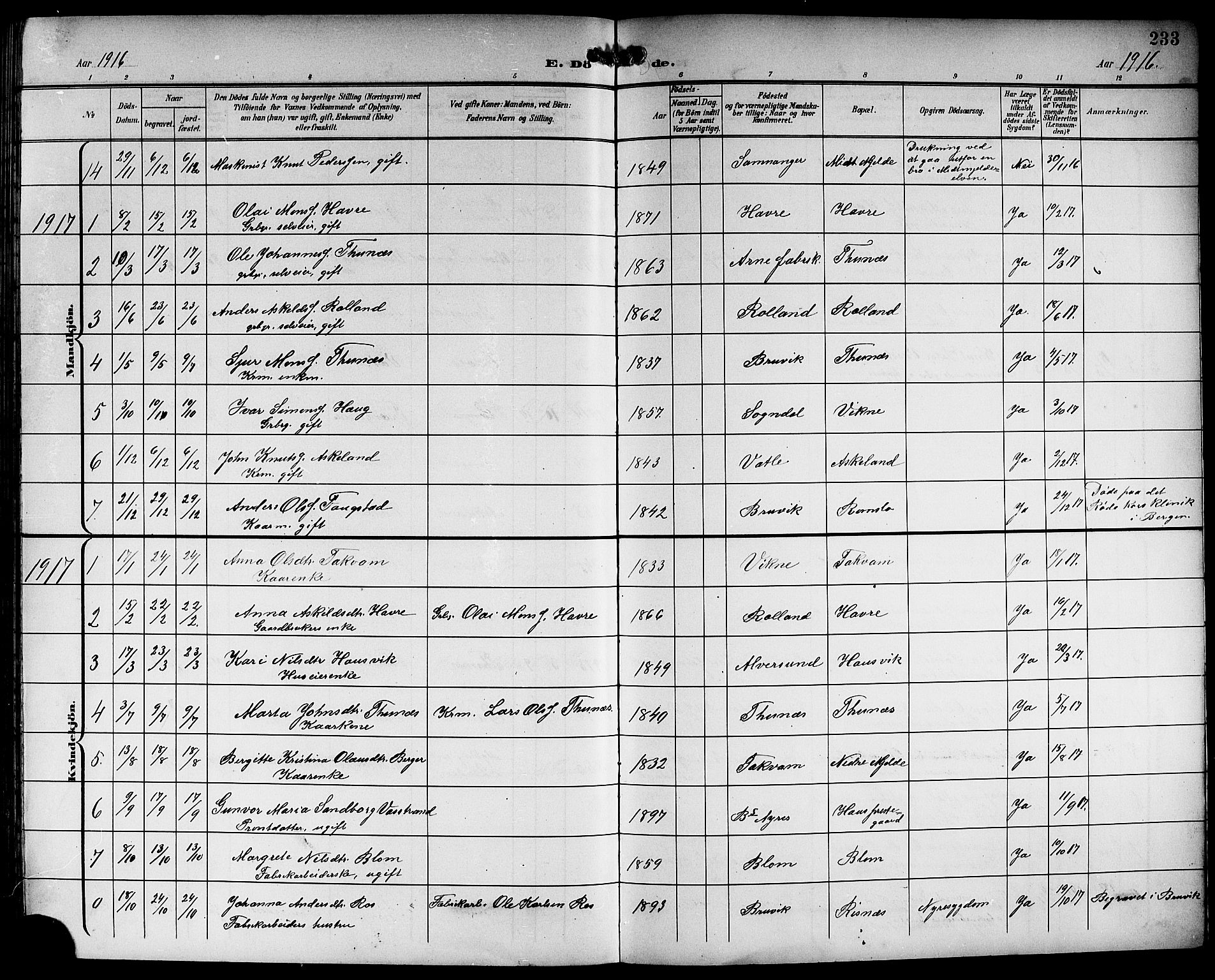 Haus sokneprestembete, SAB/A-75601/H/Hab: Parish register (copy) no. B 4, 1900-1921, p. 233