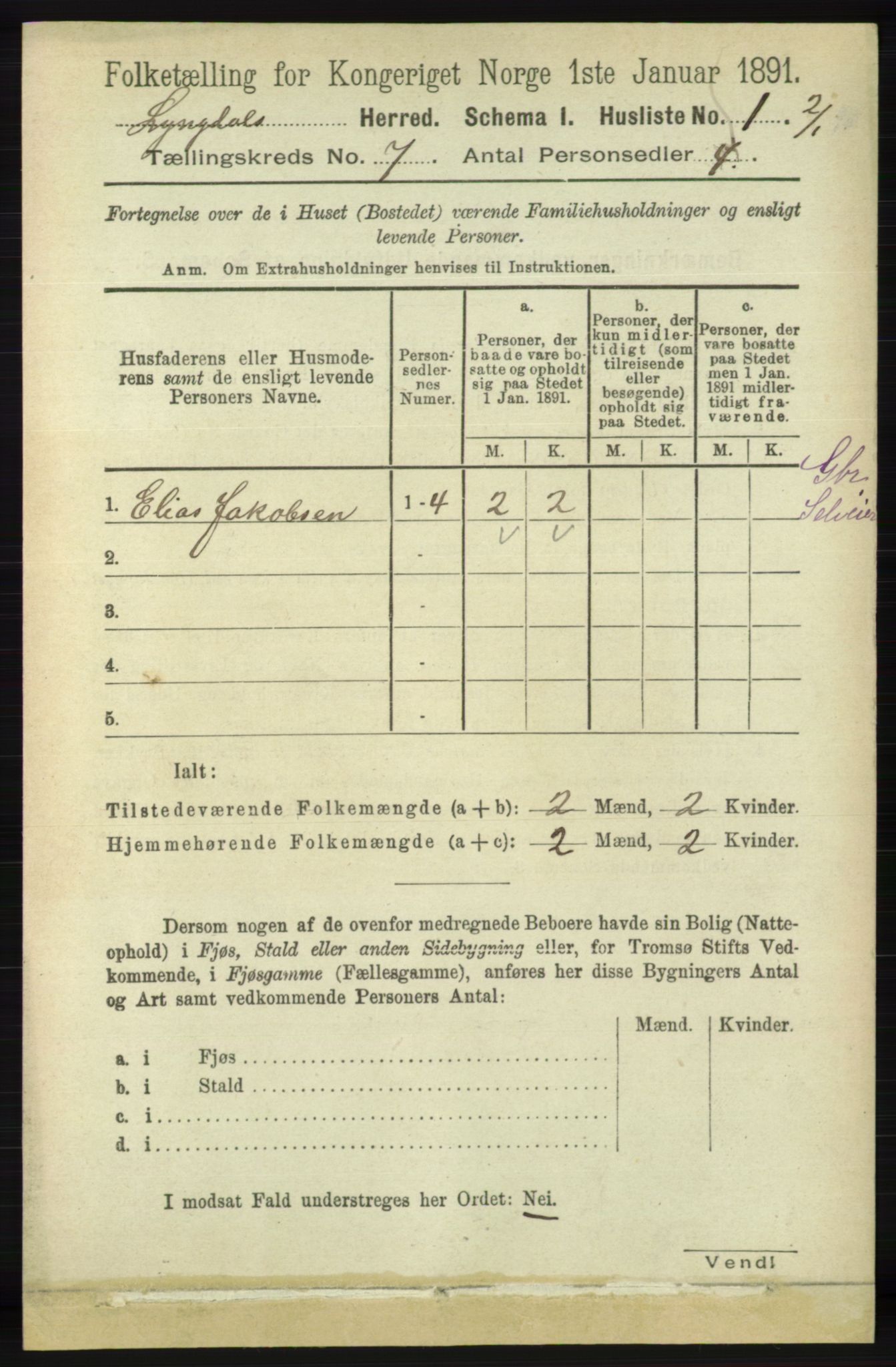 RA, 1891 census for 1032 Lyngdal, 1891, p. 2838