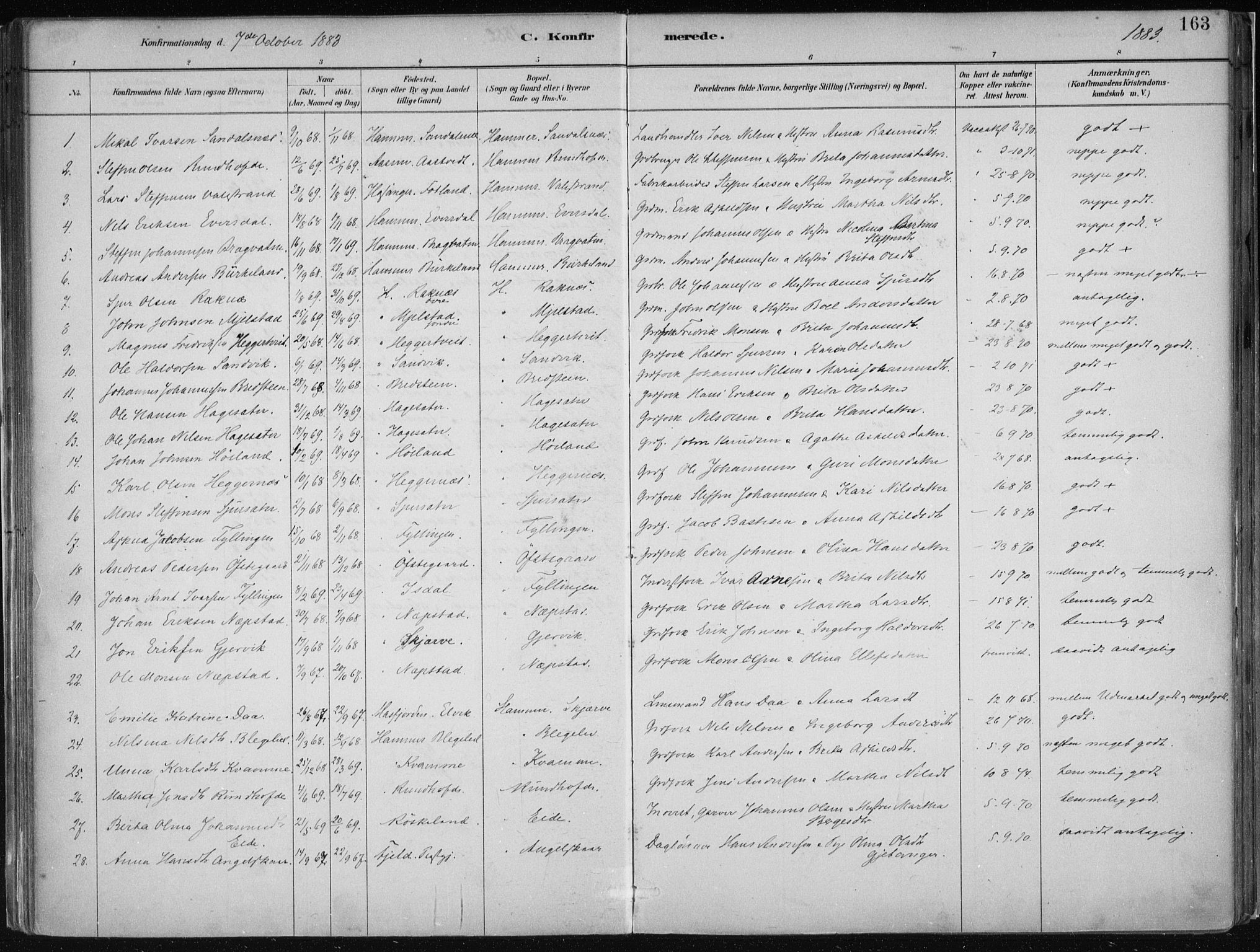 Hamre sokneprestembete, SAB/A-75501/H/Ha/Haa/Haab/L0001: Parish register (official) no. B  1, 1882-1905, p. 163