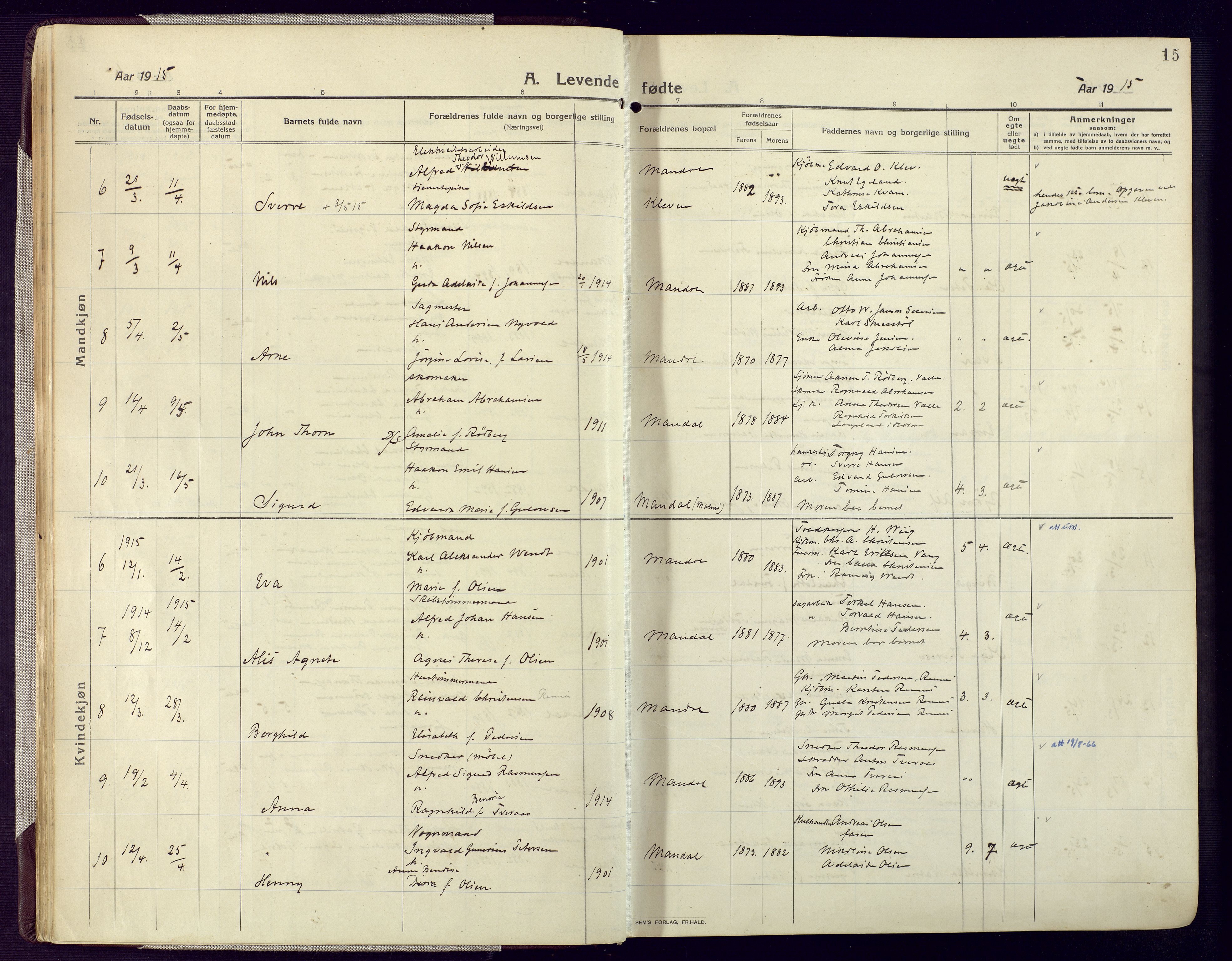 Mandal sokneprestkontor, AV/SAK-1111-0030/F/Fa/Fac/L0001: Parish register (official) no. A 1, 1913-1925, p. 15