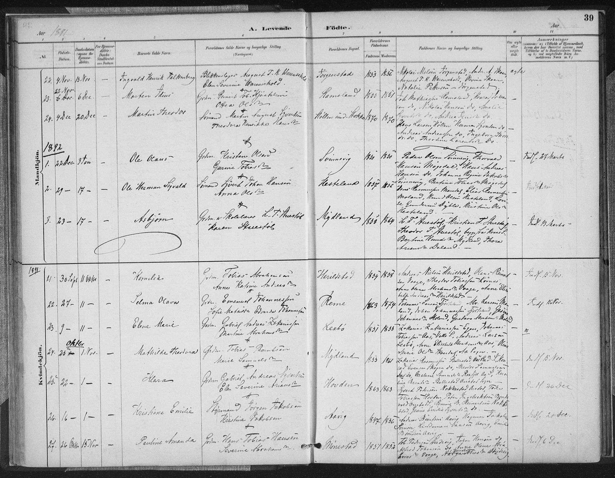 Sør-Audnedal sokneprestkontor, AV/SAK-1111-0039/F/Fa/Faa/L0004: Parish register (official) no. A 4, 1884-1909, p. 39