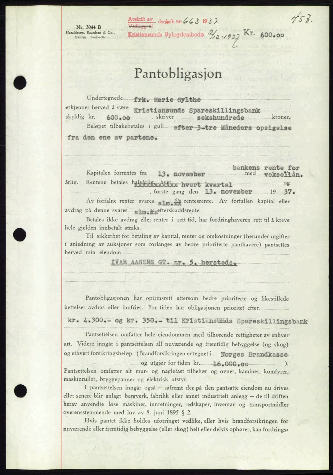 Kristiansund byfogd, AV/SAT-A-4587/A/27: Mortgage book no. 29, 1936-1937, Diary no: : 663/1937