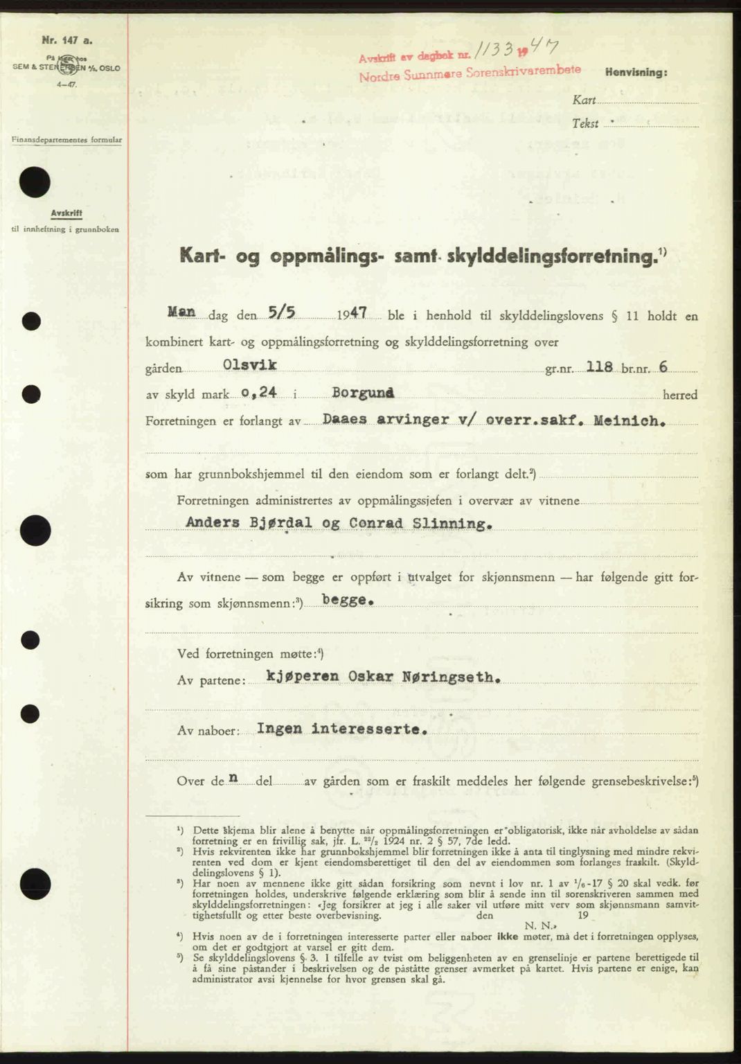 Nordre Sunnmøre sorenskriveri, AV/SAT-A-0006/1/2/2C/2Ca: Mortgage book no. A25, 1947-1947, Diary no: : 1133/1947