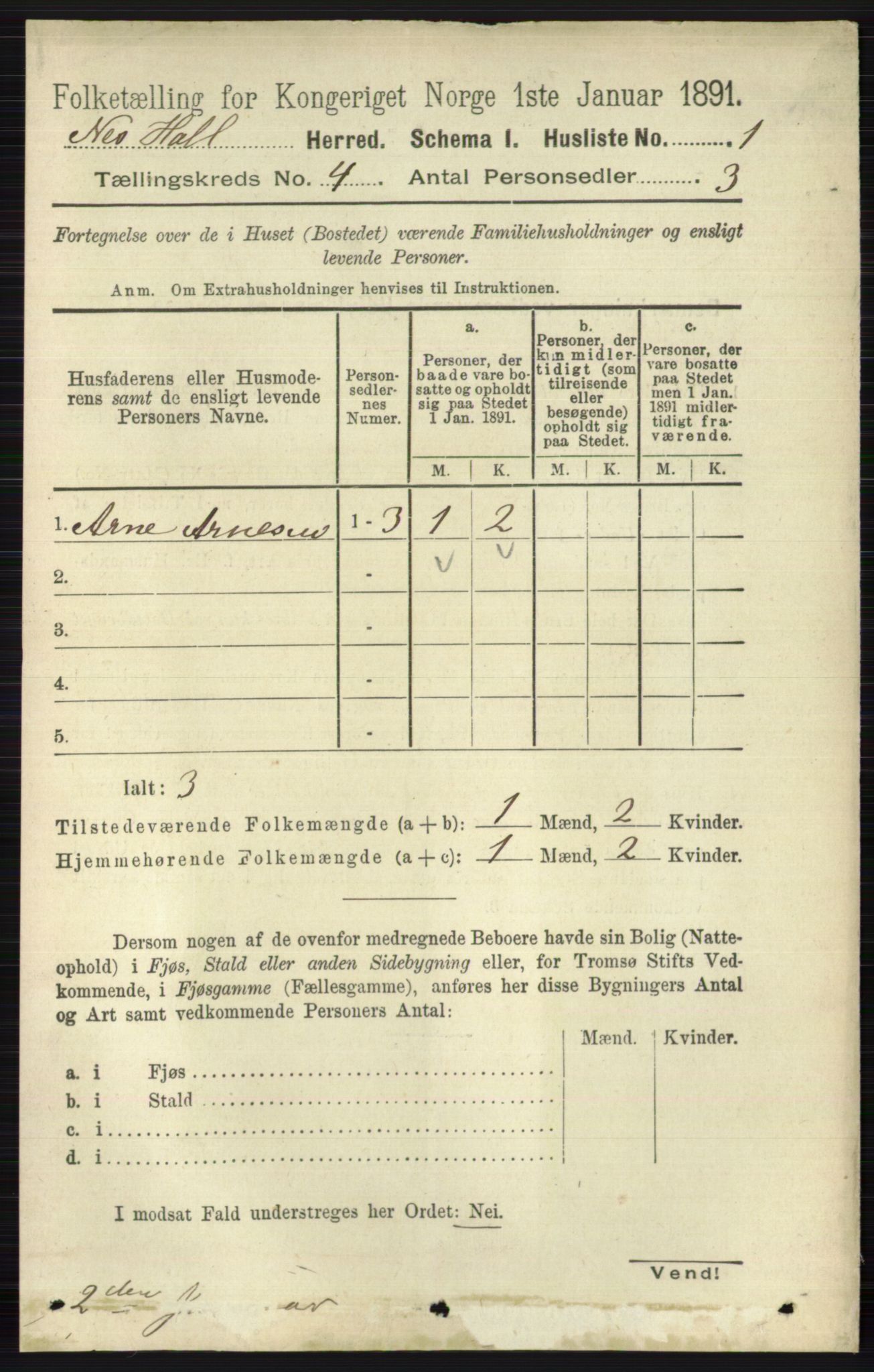 RA, 1891 census for 0616 Nes, 1891, p. 2022