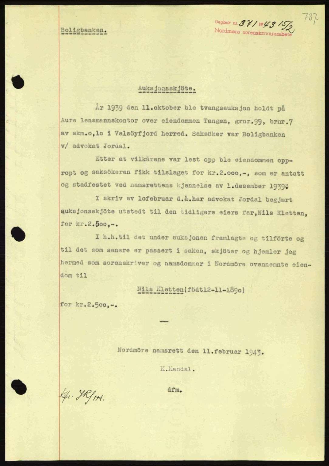 Nordmøre sorenskriveri, AV/SAT-A-4132/1/2/2Ca: Mortgage book no. A94, 1942-1943, Diary no: : 371/1943