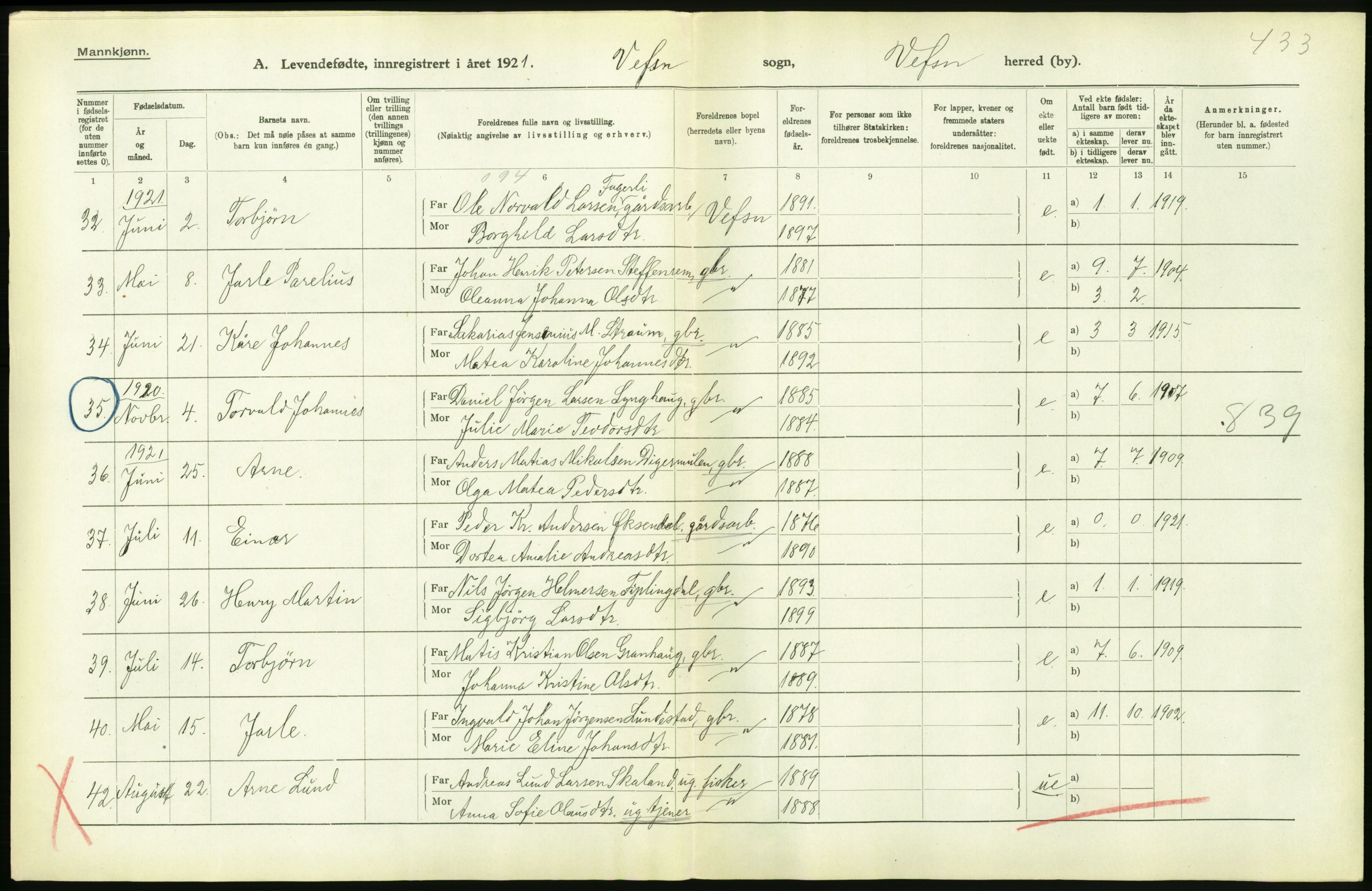 Statistisk sentralbyrå, Sosiodemografiske emner, Befolkning, AV/RA-S-2228/D/Df/Dfc/Dfca/L0049: Nordland fylke: Levendefødte menn og kvinner. Bygder., 1921, p. 512