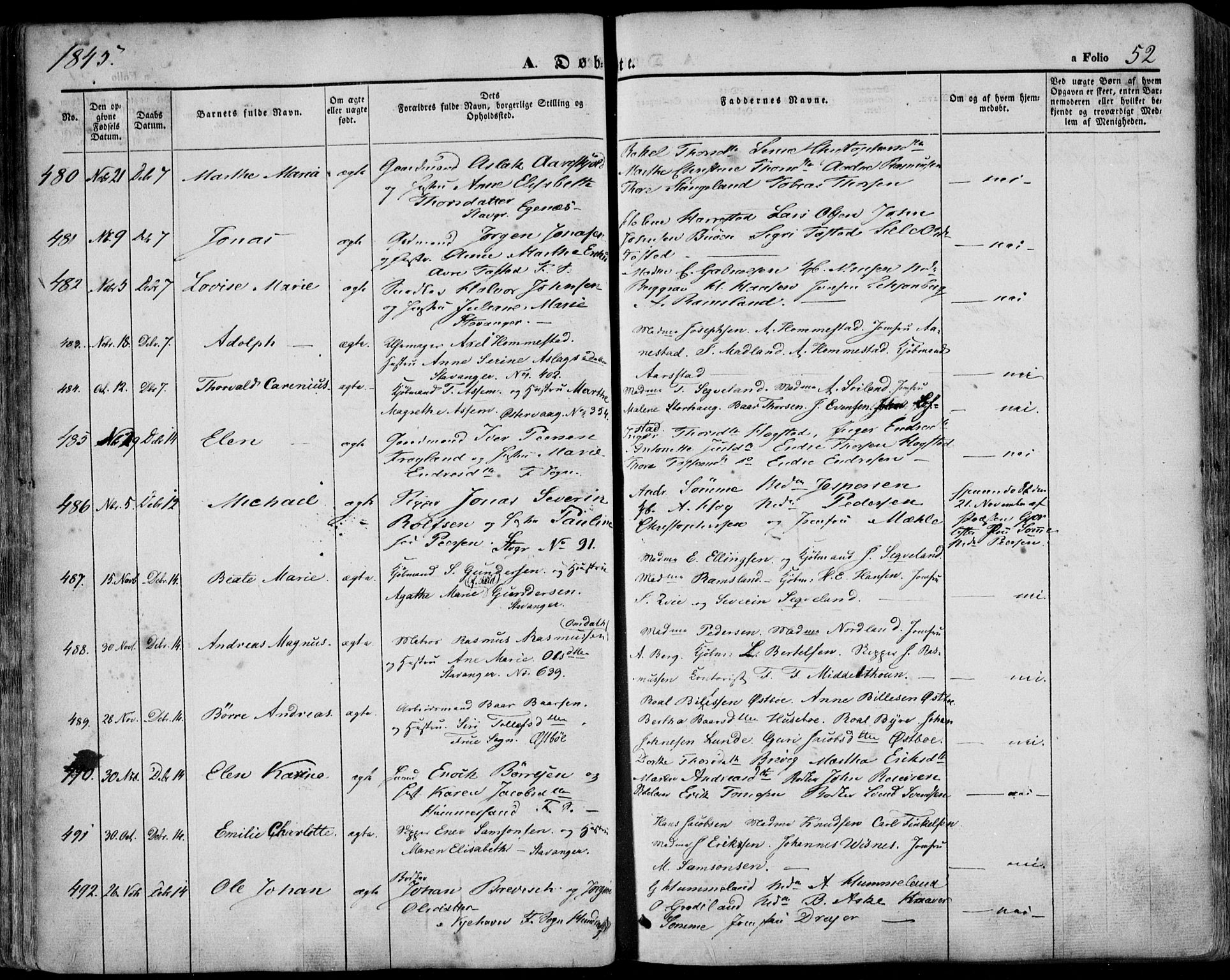 Domkirken sokneprestkontor, SAST/A-101812/001/30/30BA/L0016: Parish register (official) no. A 15, 1844-1854, p. 52