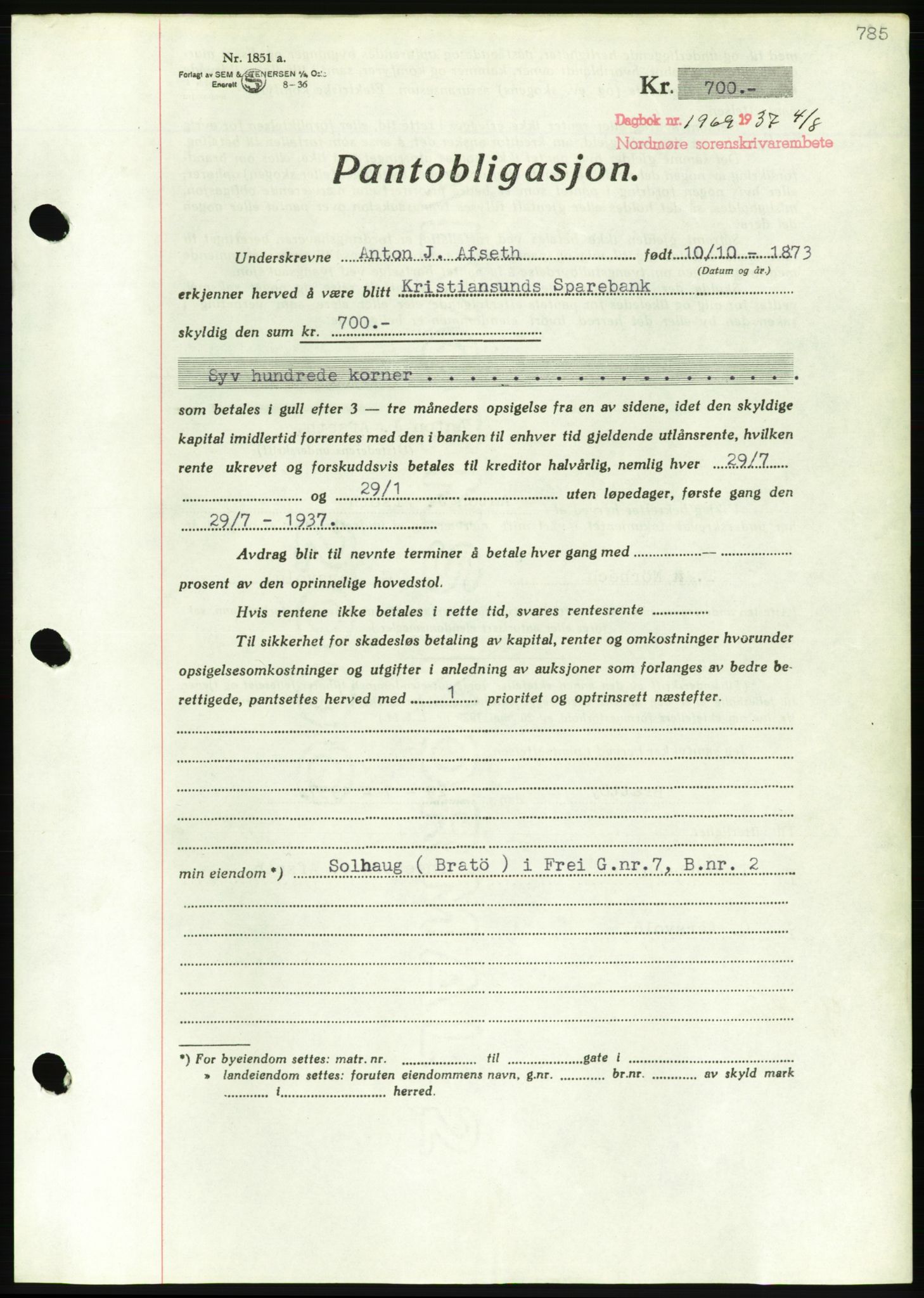 Nordmøre sorenskriveri, AV/SAT-A-4132/1/2/2Ca/L0091: Mortgage book no. B81, 1937-1937, Diary no: : 1969/1937