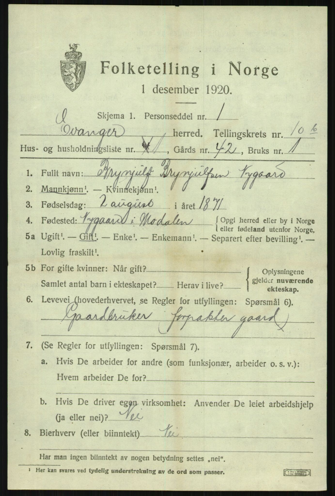 SAB, 1920 census for Evanger, 1920, p. 3349