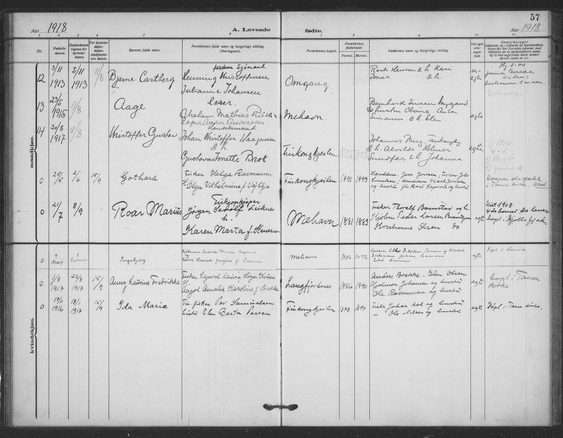 Tana sokneprestkontor, AV/SATØ-S-1334/H/Ha/L0008kirke: Parish register (official) no. 8, 1908-1920, p. 57