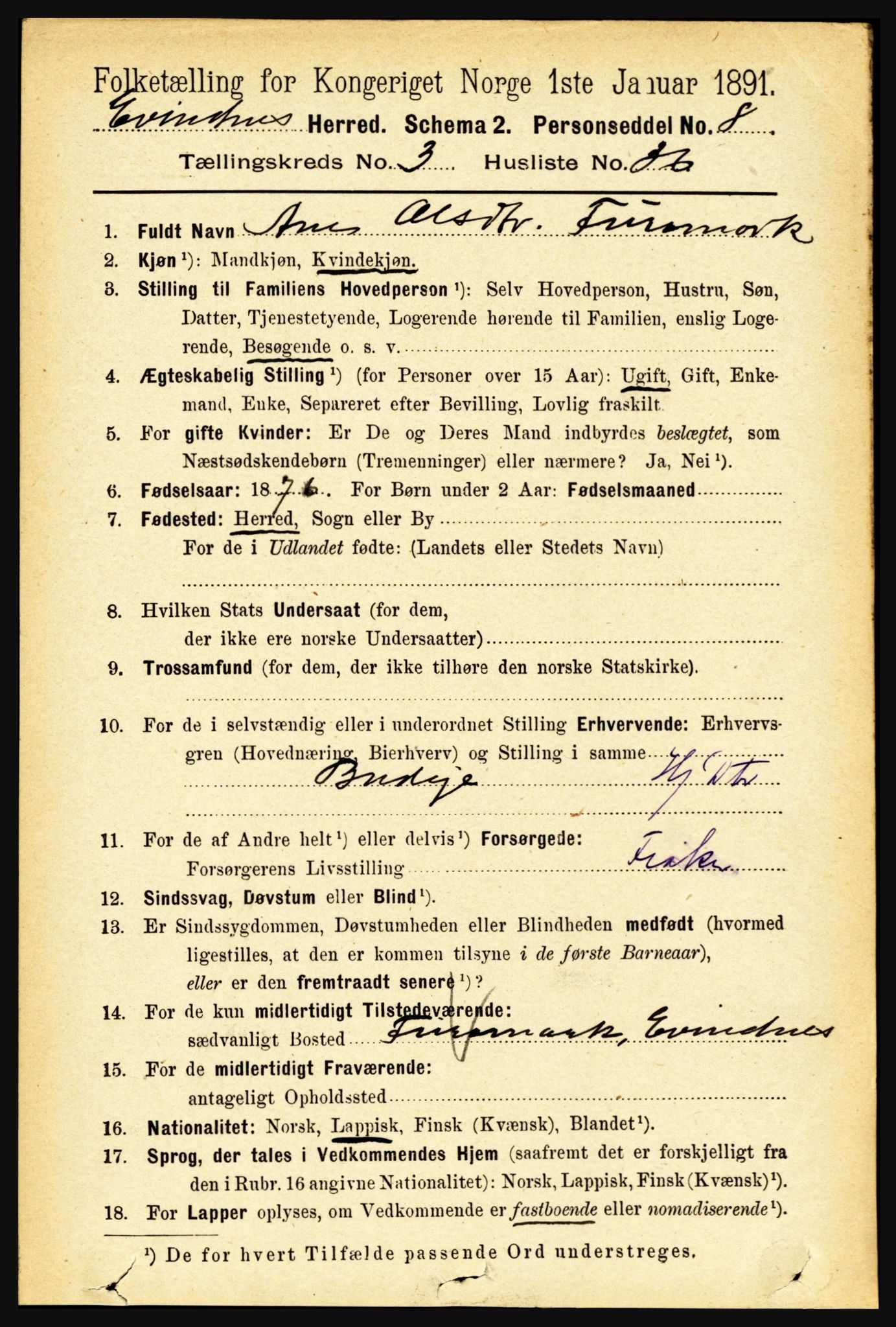 RA, 1891 census for 1853 Evenes, 1891, p. 1006