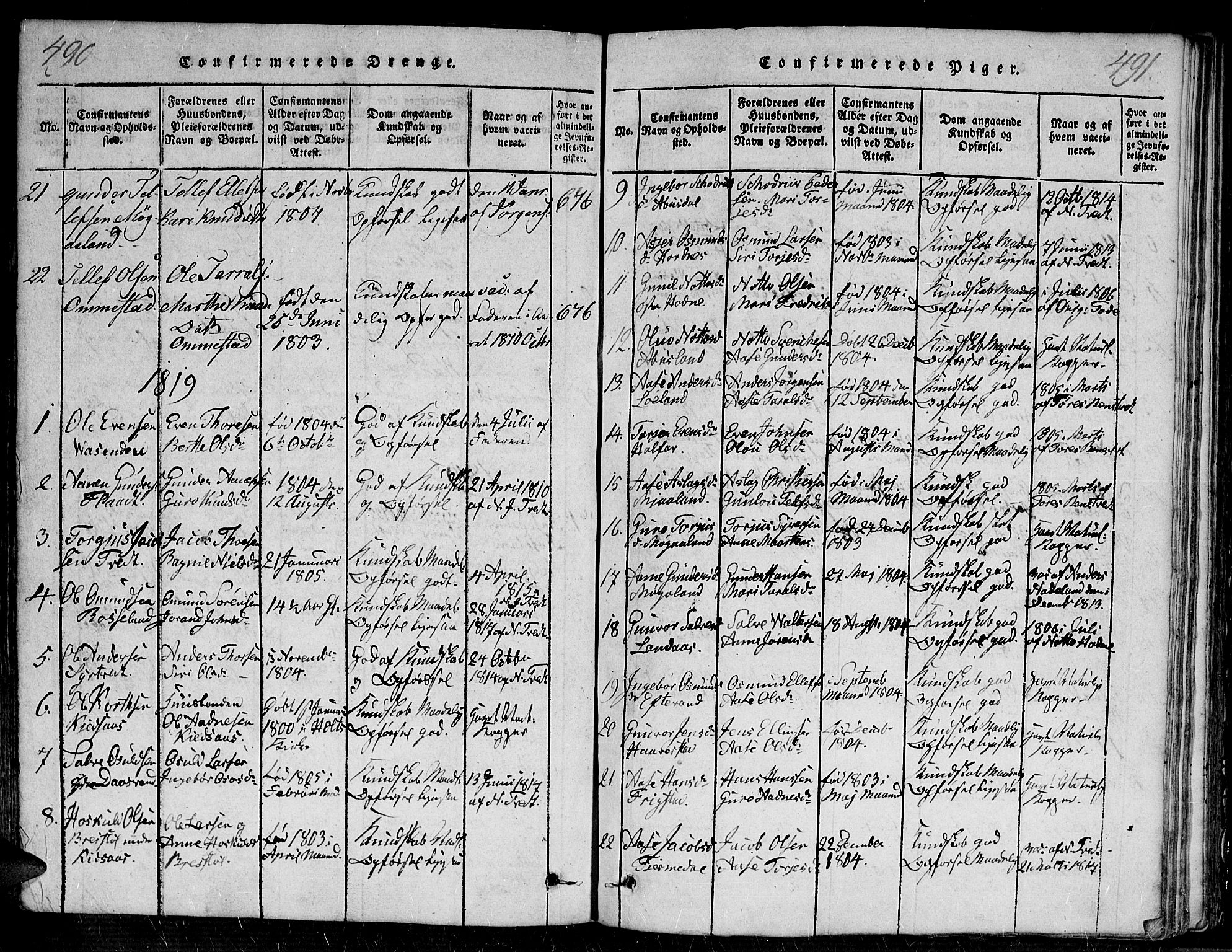 Evje sokneprestkontor, SAK/1111-0008/F/Fa/Faa/L0004: Parish register (official) no. A 4, 1816-1840, p. 490-491