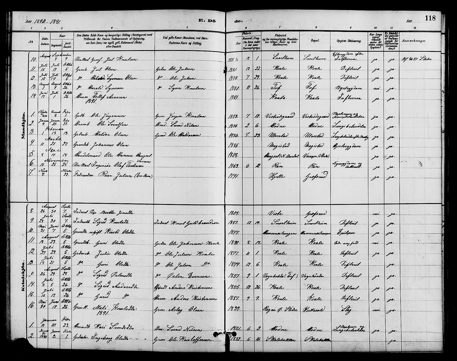 Vestre Slidre prestekontor, SAH/PREST-136/H/Ha/Hab/L0005: Parish register (copy) no. 5, 1881-1913, p. 118
