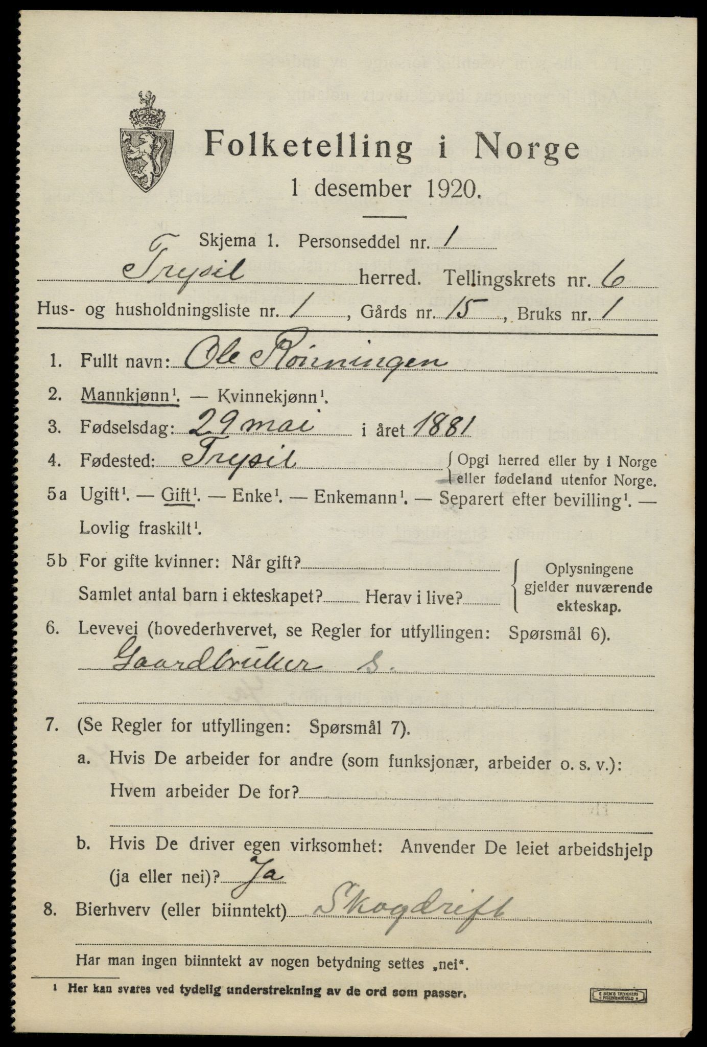 SAH, 1920 census for Trysil, 1920, p. 4529