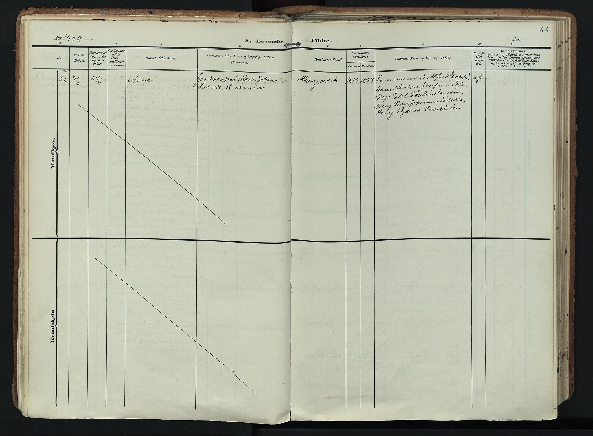 Hedrum kirkebøker, SAKO/A-344/F/Fa/L0010: Parish register (official) no. I 10, 1904-1918, p. 44