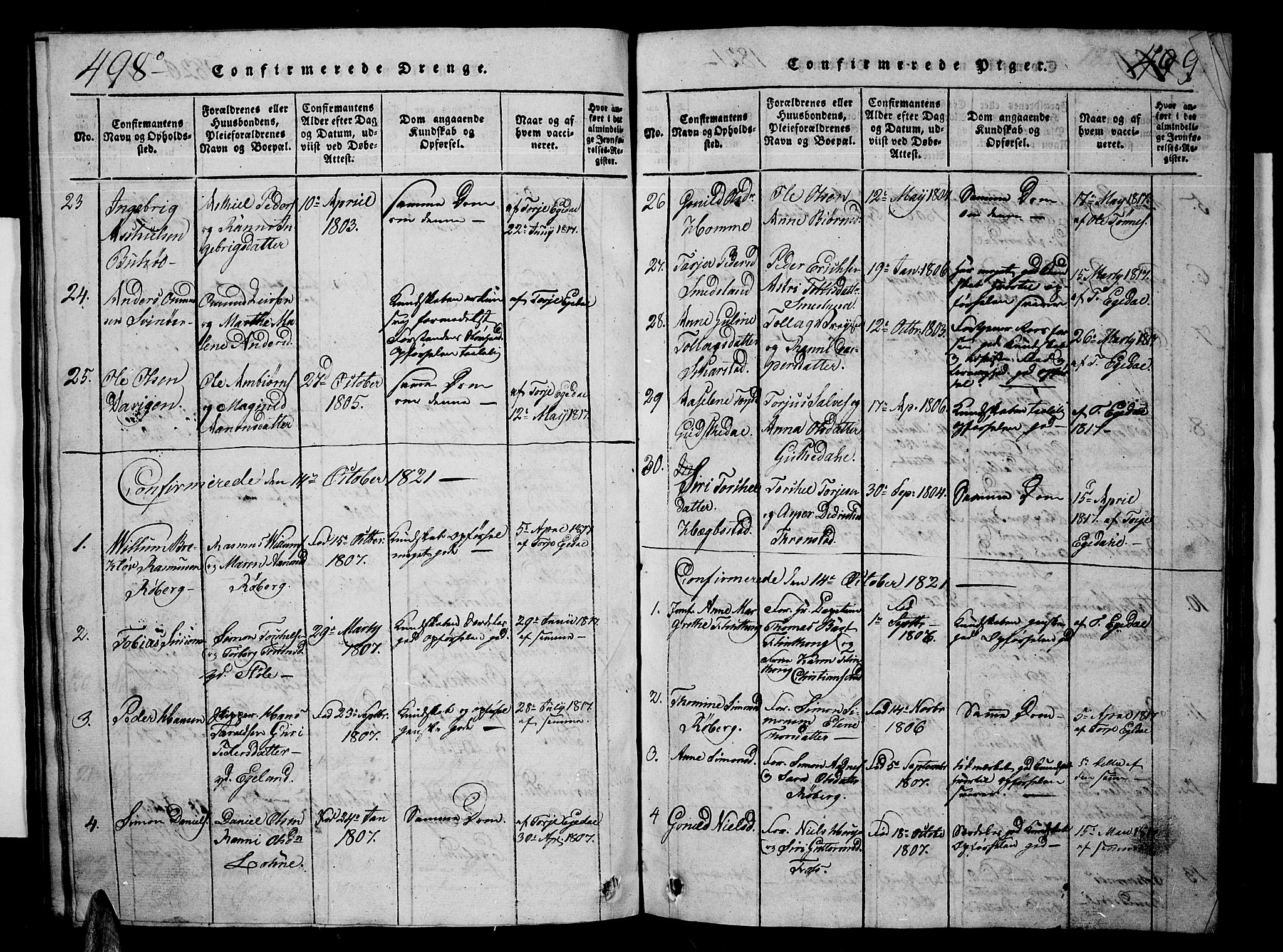 Sør-Audnedal sokneprestkontor, AV/SAK-1111-0039/F/Fb/Fbb/L0001: Parish register (copy) no. B 1, 1815-1827, p. 498-499