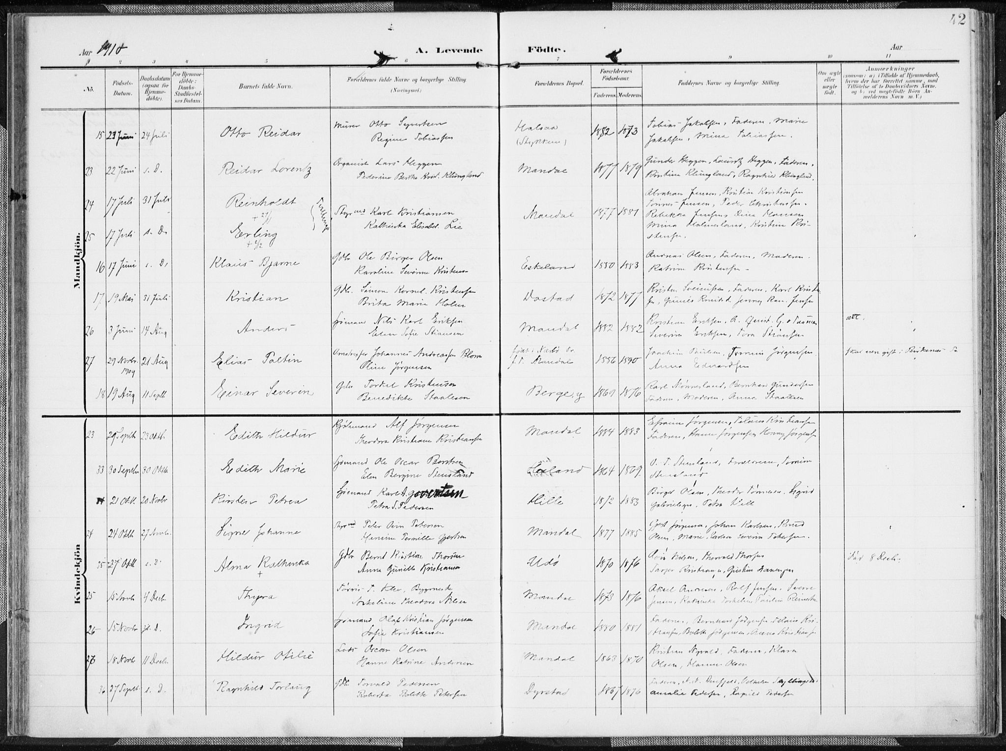 Mandal sokneprestkontor, AV/SAK-1111-0030/F/Fa/Faa/L0020: Parish register (official) no. A 20, 1906-1912, p. 42