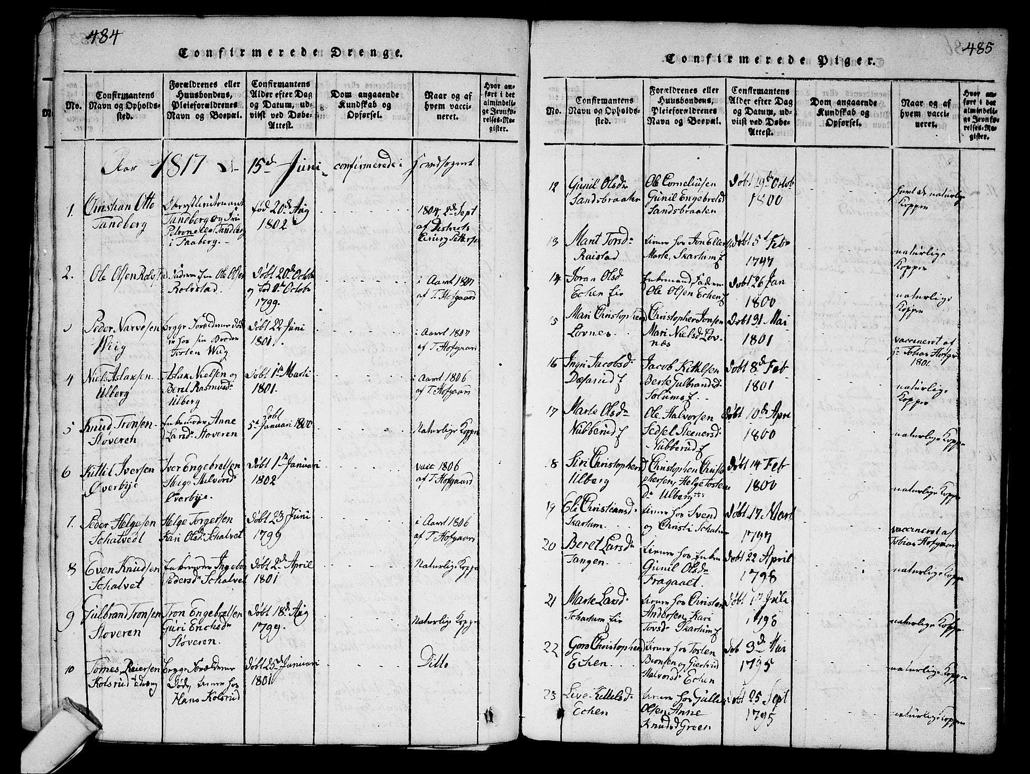 Sigdal kirkebøker, AV/SAKO-A-245/G/Ga/L0001: Parish register (copy) no. I 1 /1, 1816-1835, p. 484-485