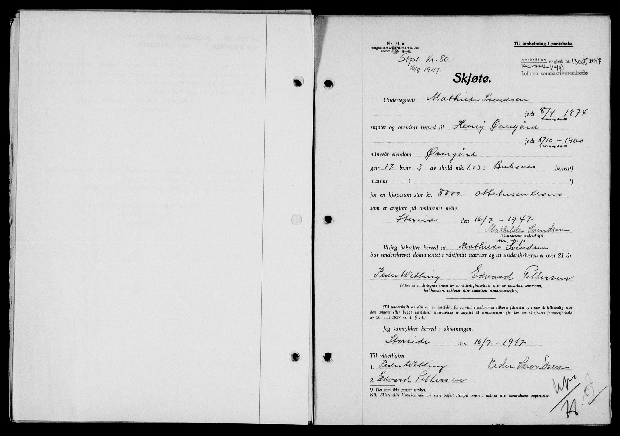 Lofoten sorenskriveri, SAT/A-0017/1/2/2C/L0016a: Mortgage book no. 16a, 1947-1947, Diary no: : 1302/1947