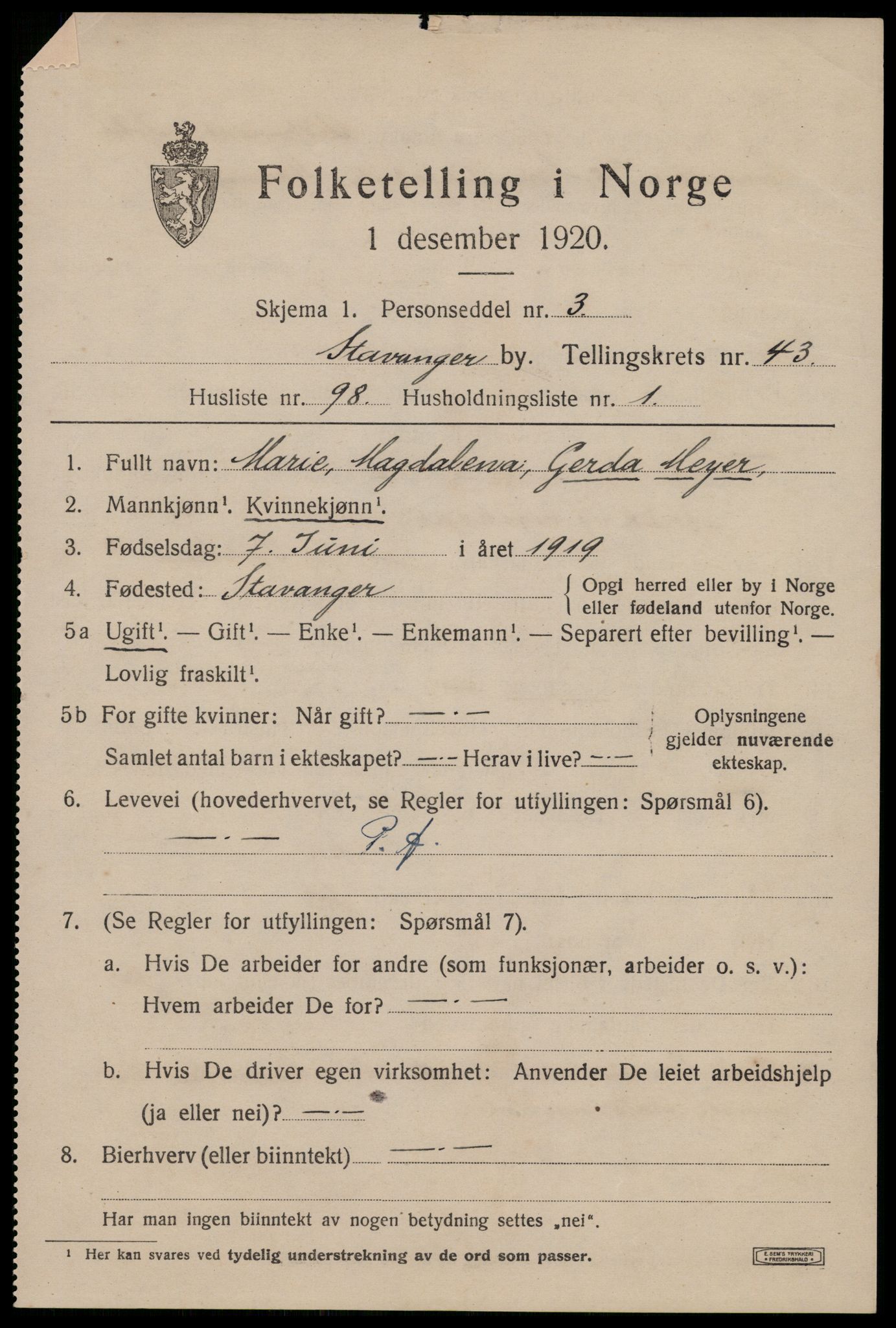 SAST, 1920 census for Stavanger, 1920, p. 108558