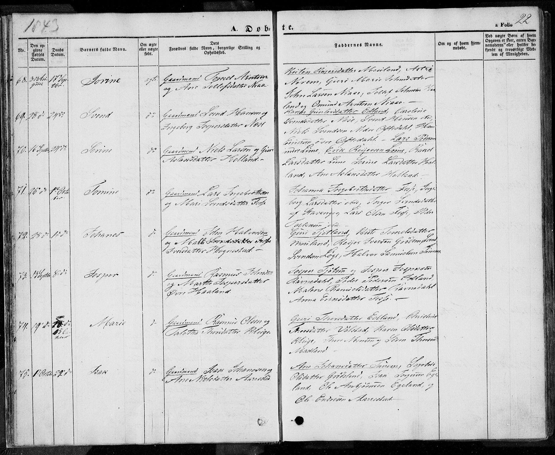 Lye sokneprestkontor, AV/SAST-A-101794/001/30BA/L0005: Parish register (official) no. A 5.1, 1842-1855, p. 22