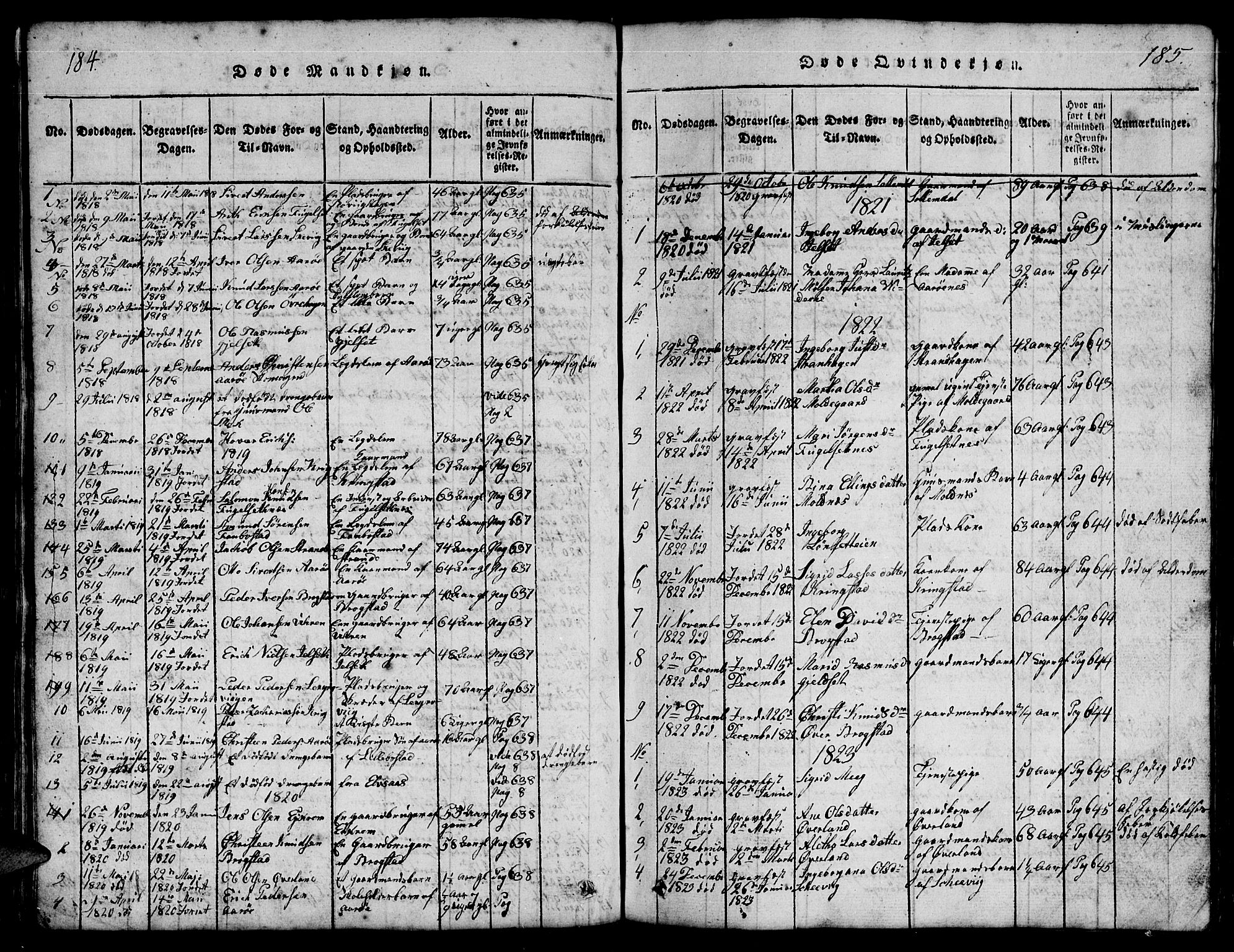 Ministerialprotokoller, klokkerbøker og fødselsregistre - Møre og Romsdal, SAT/A-1454/555/L0665: Parish register (copy) no. 555C01, 1818-1868, p. 184-185