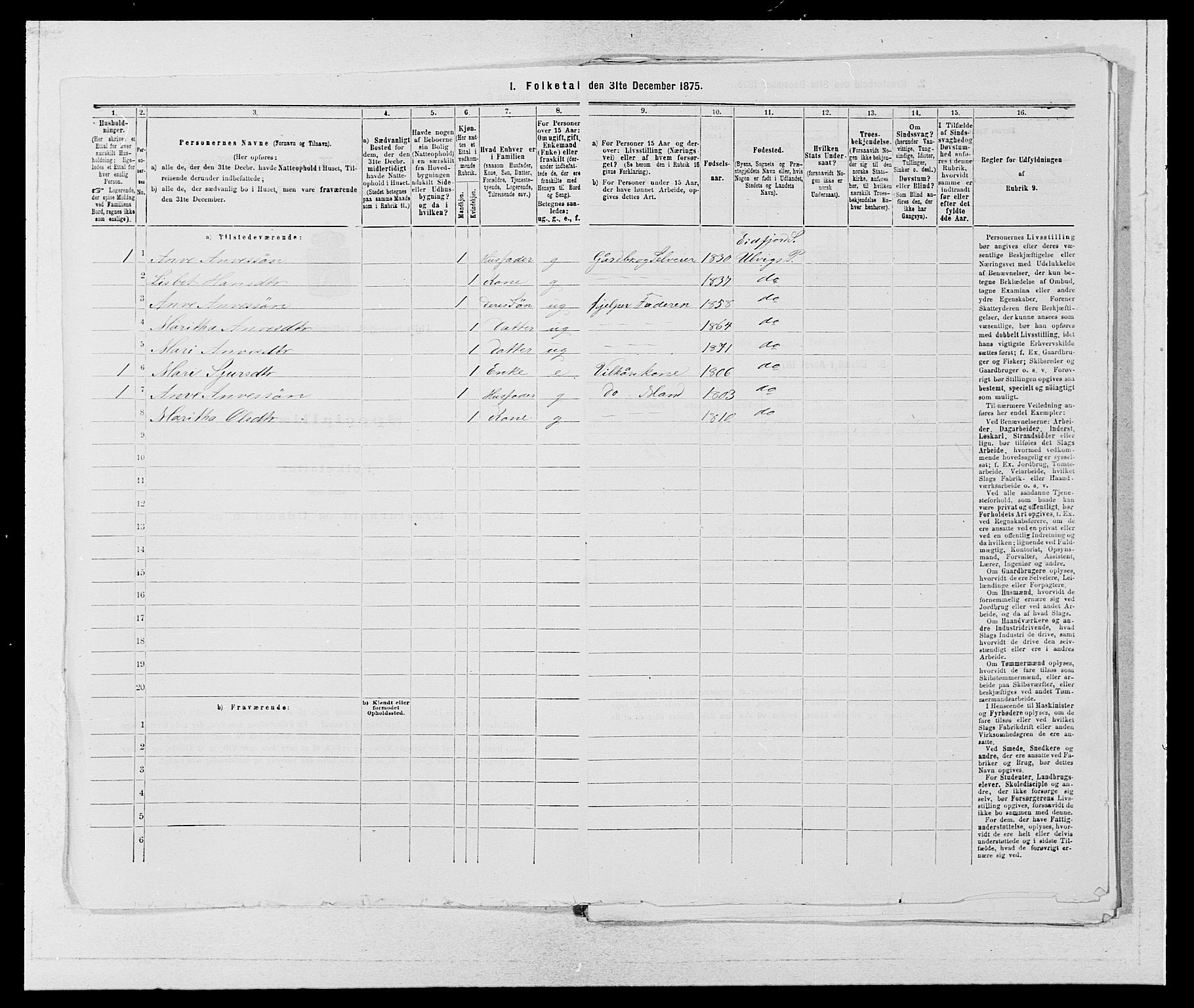 SAB, 1875 census for 1233P Ulvik, 1875, p. 1458