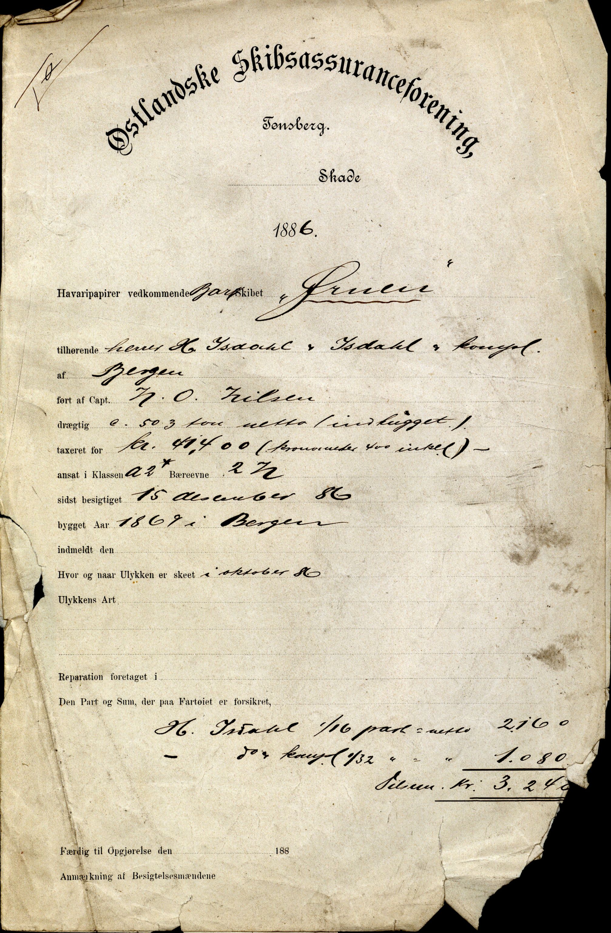 Pa 63 - Østlandske skibsassuranceforening, VEMU/A-1079/G/Ga/L0019/0012: Havaridokumenter / Activ, Ørnen, Hermod, Erato, Herman Lehmkuhl, 1886, p. 5