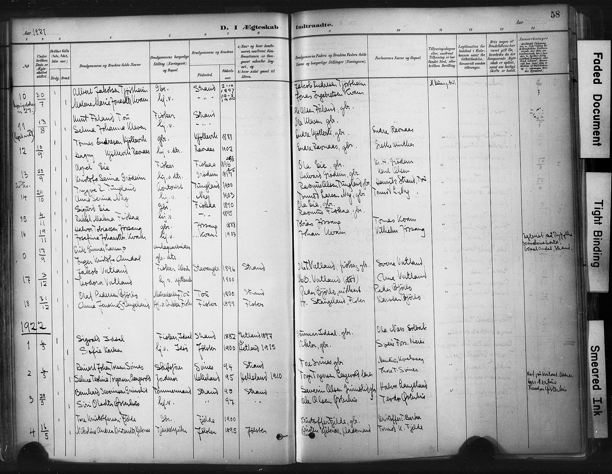 Strand sokneprestkontor, SAST/A-101828/H/Ha/Haa/L0010: Parish register (official) no. A 10, 1882-1929, p. 58